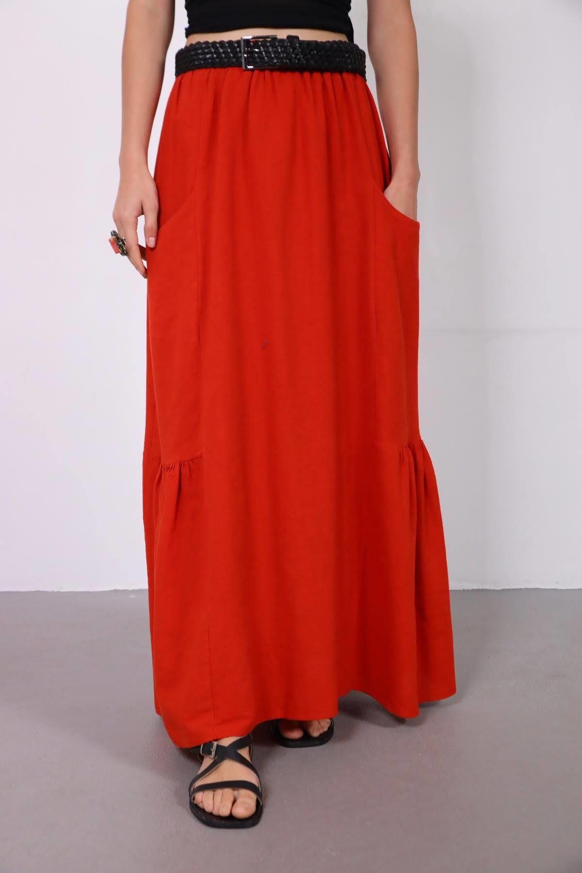  Kırmızı Keten Cepli Pileli Etek