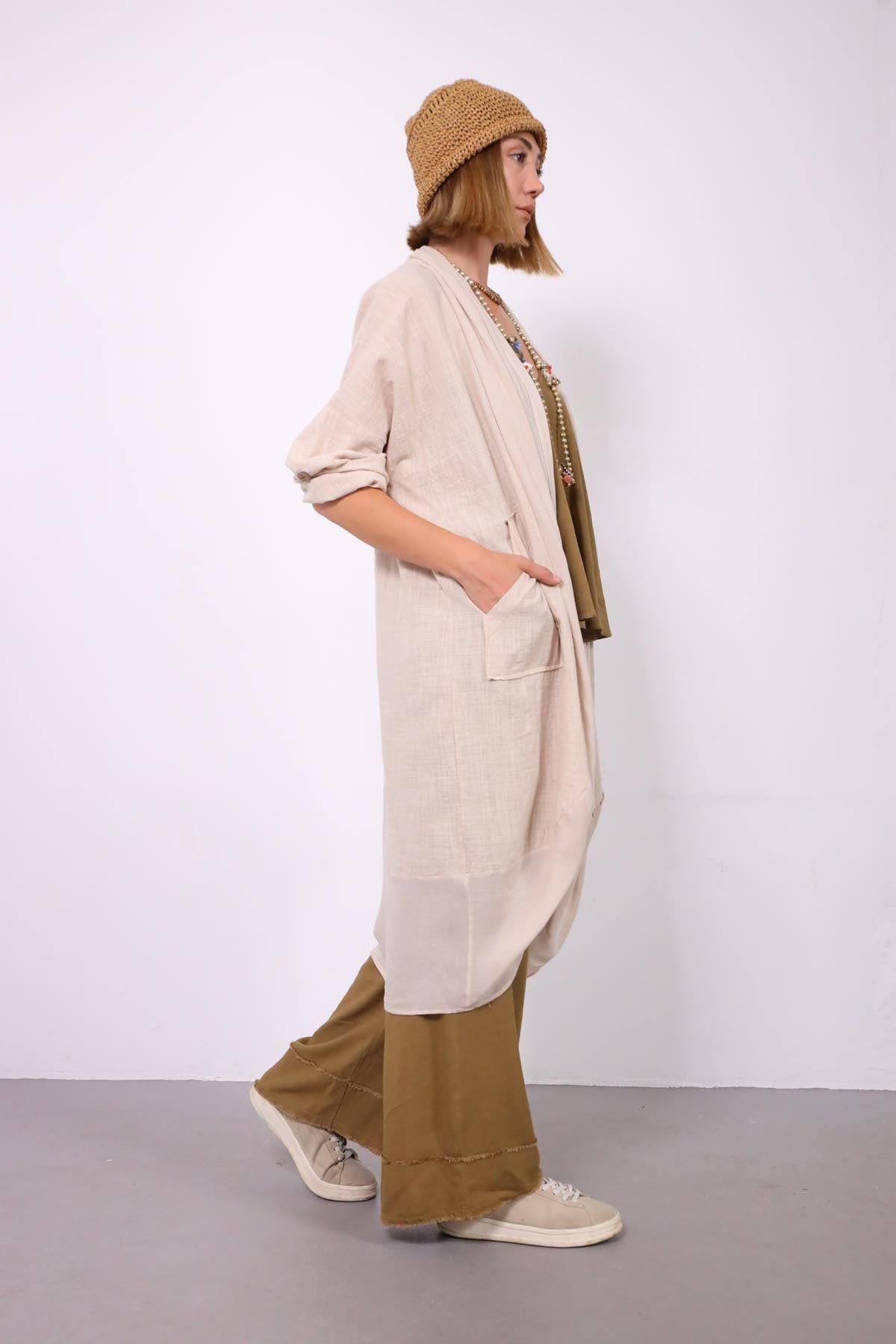  Krem Rengi Garnili Şal Yaka Cepli Kısa Kaftan