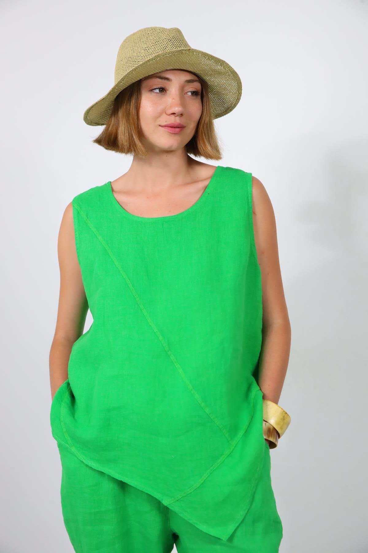  Yeşil Dikişli Sıfır Kol Bluz ve Pantolon Keten Takım