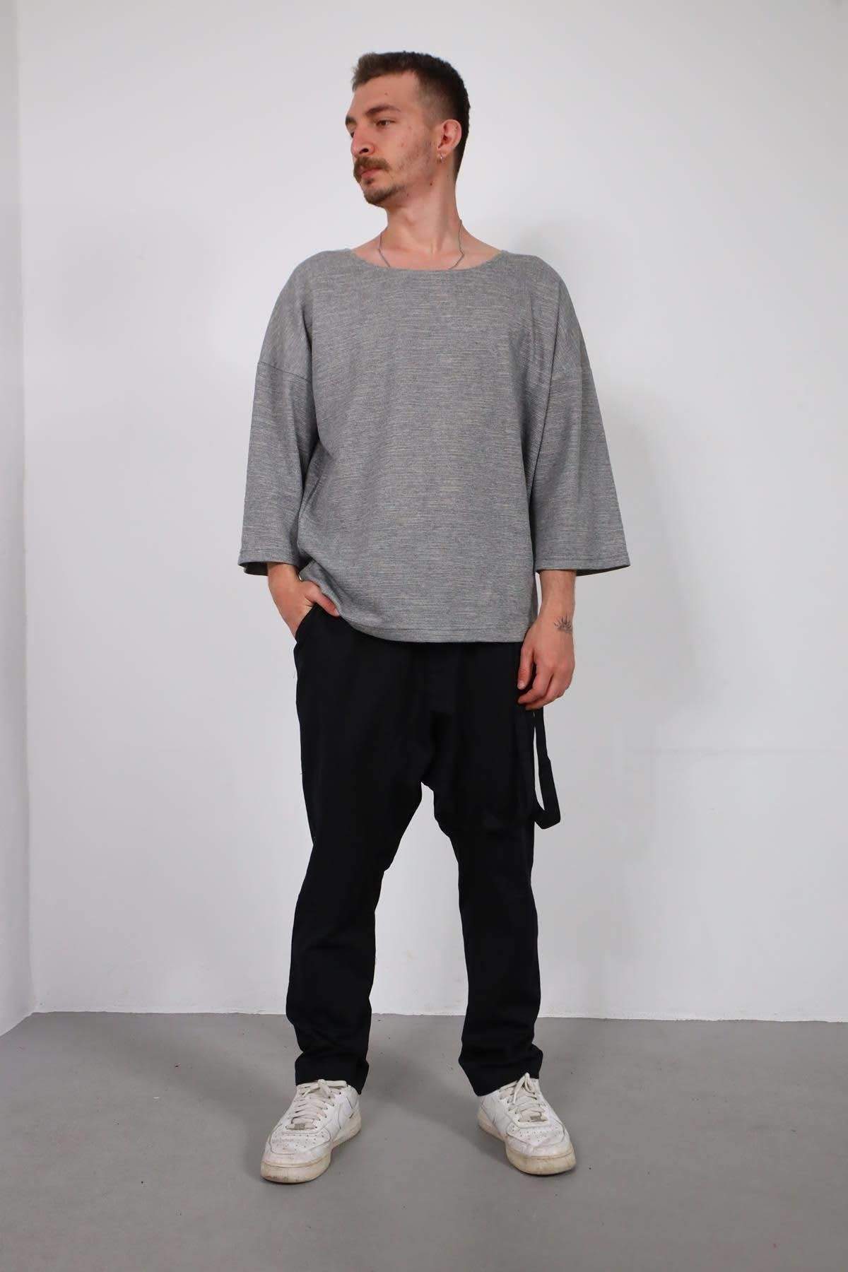  Gri Geniş Yaka Truvakar Kol Erkek Sweatshirt