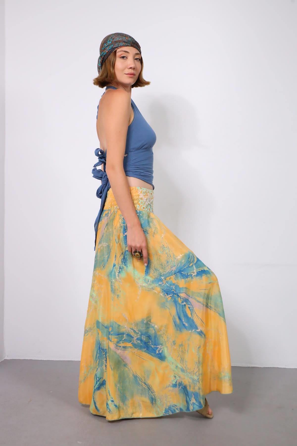 Mango Rengi Desenli İpek Pantolon Etek - Şaman Butik Mango Rengi Desenli İpek Pantolon Etek