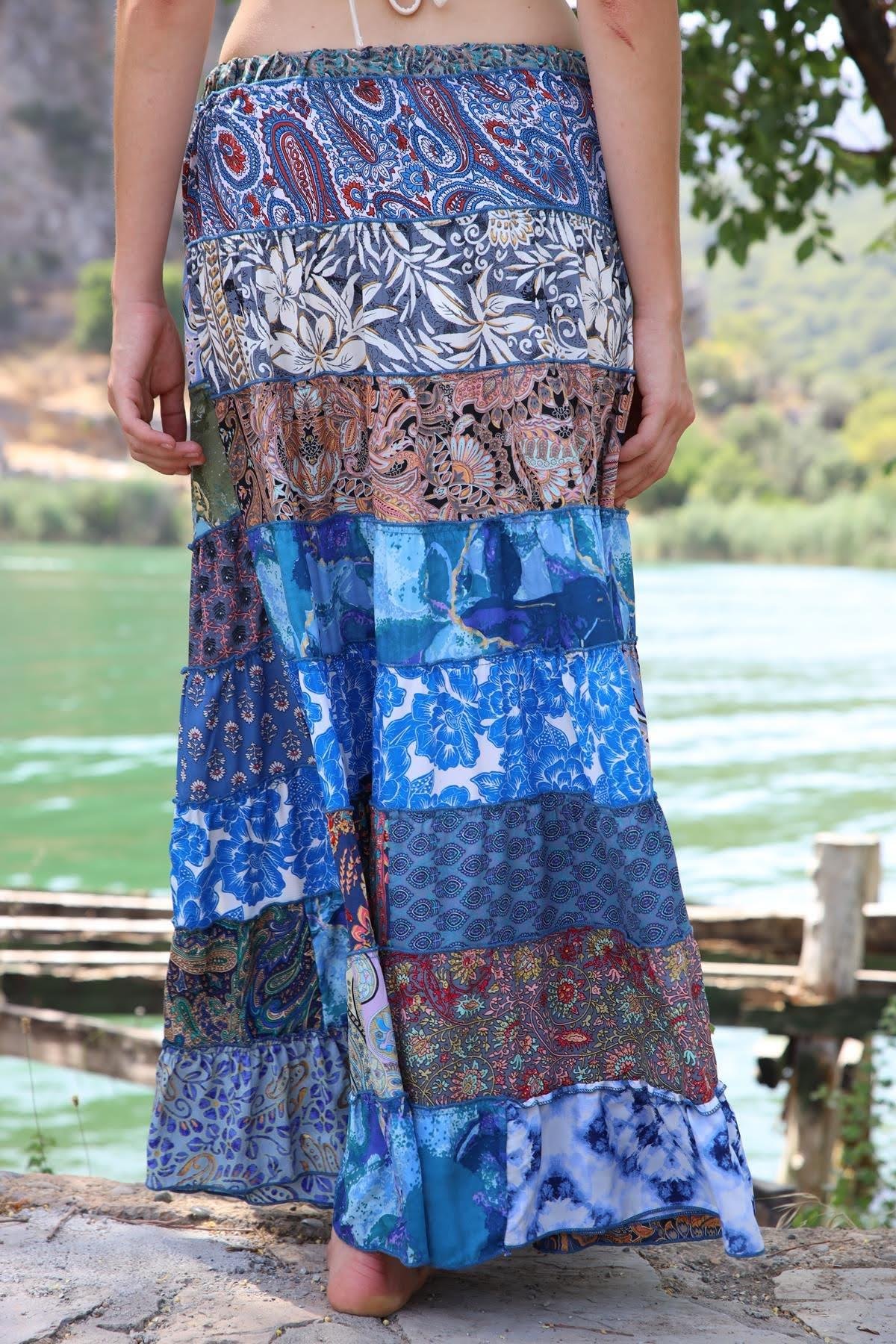 Renkli Patchwork Otantik İpek Etek - Şaman Butik Renkli Patchwork Otantik İpek Etek