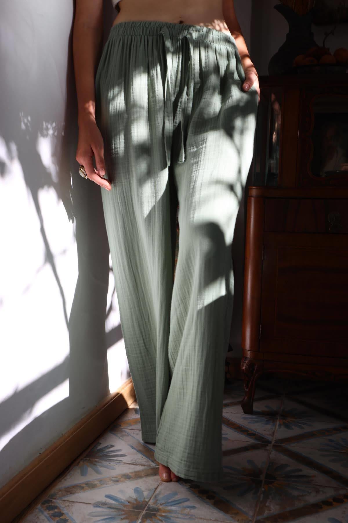  Mint Yeşili Beli Lastikli İp Detaylı Müslin Pantolon