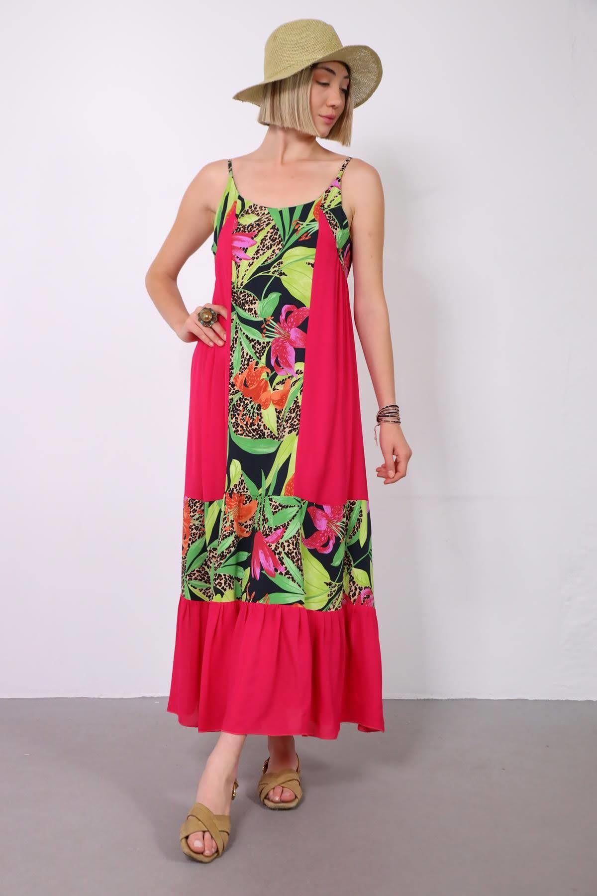 Fuşya İp Askılı Desenli Elbise - Şaman Butik Fuşya İp Askılı Desenli Elbise