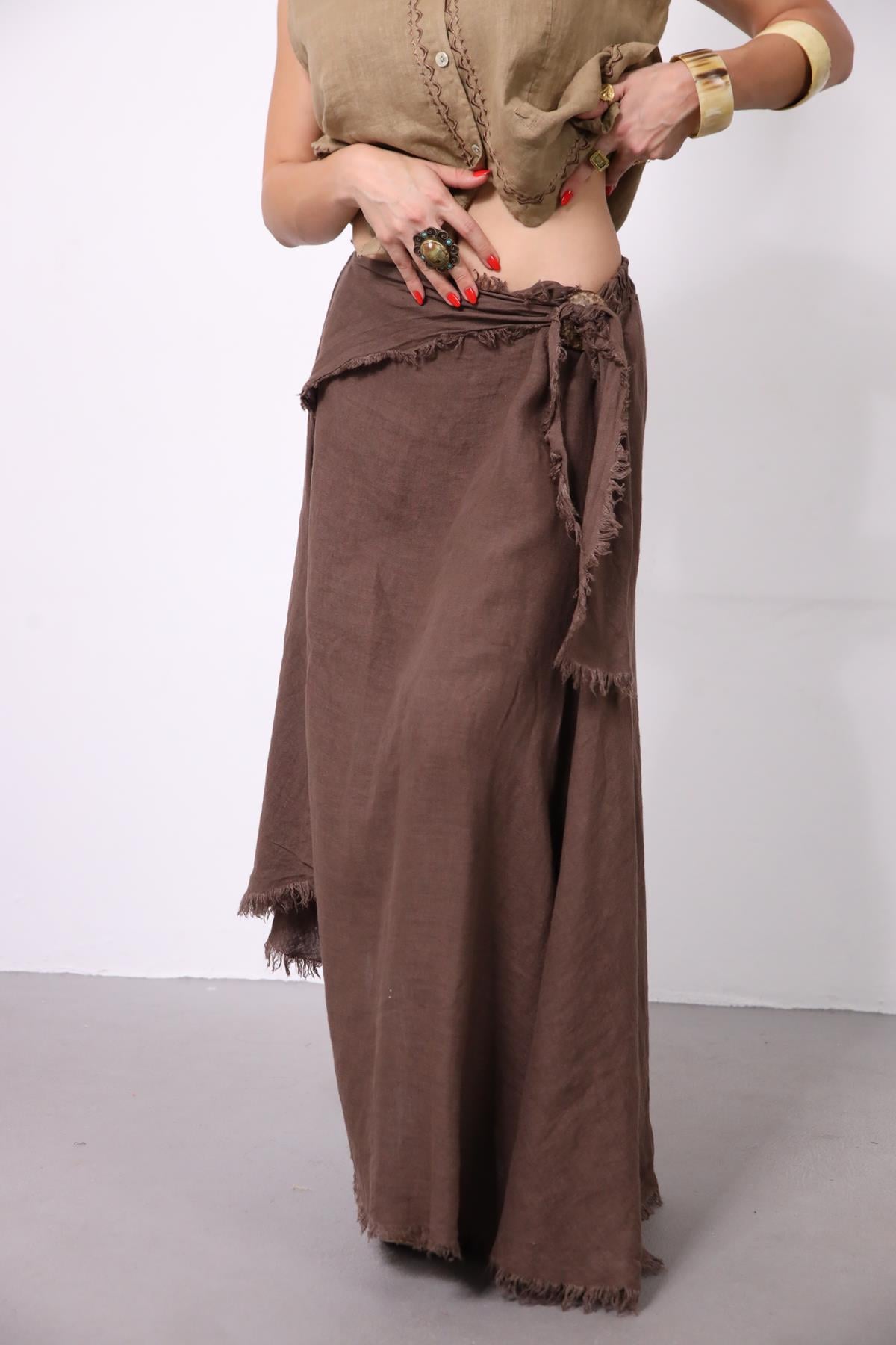 Kahverengi Püsküllü Kemerli Keten Etek - Şaman Butik Kahverengi Püsküllü Kemerli Keten Etek