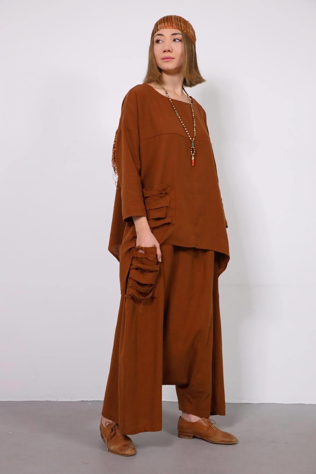  Acı Kahve Cebi Yırtık Detaylı Keten Şalvar