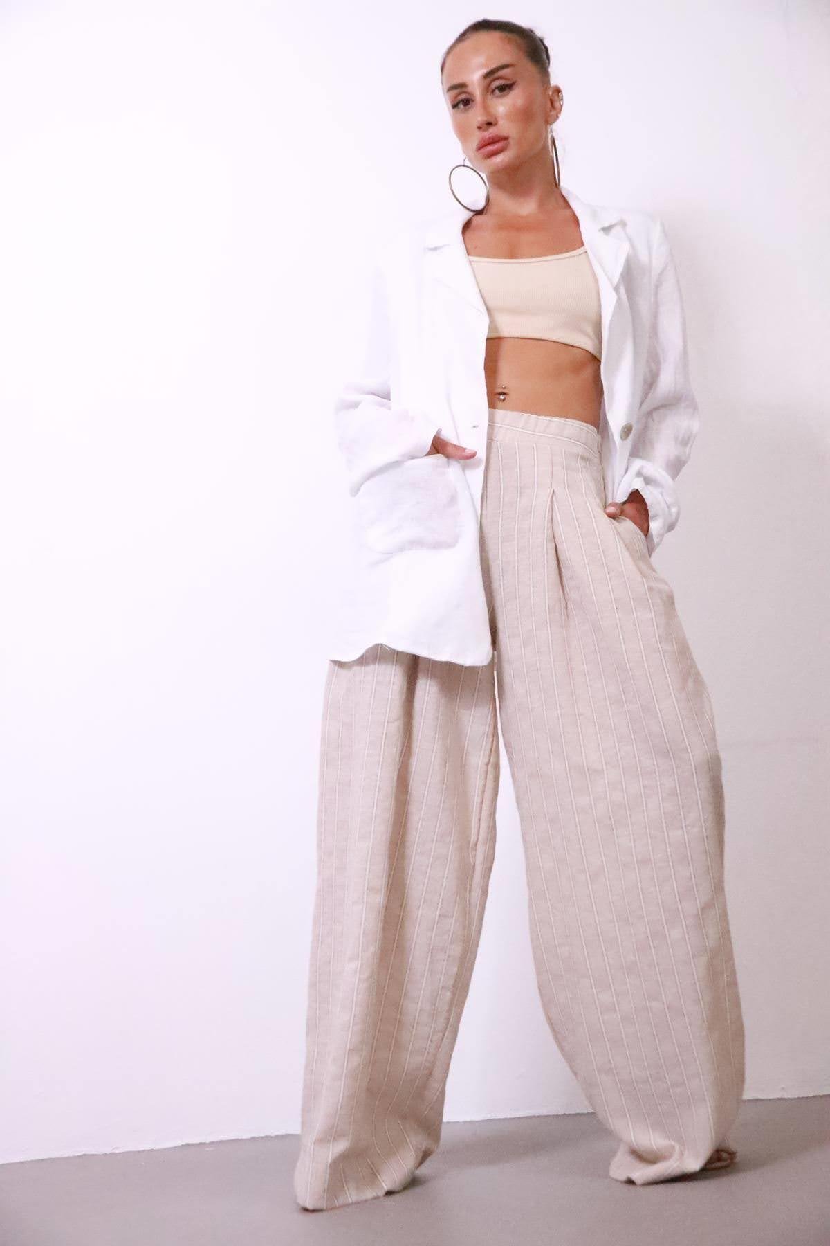  Beyaz Keten Tek Düğmeli Ceket