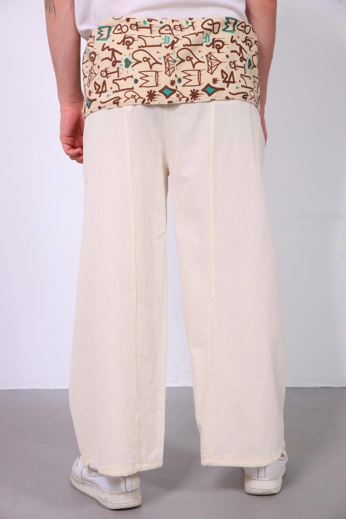  Krem Rengi Beli Desenli Balıkçı Pantolon