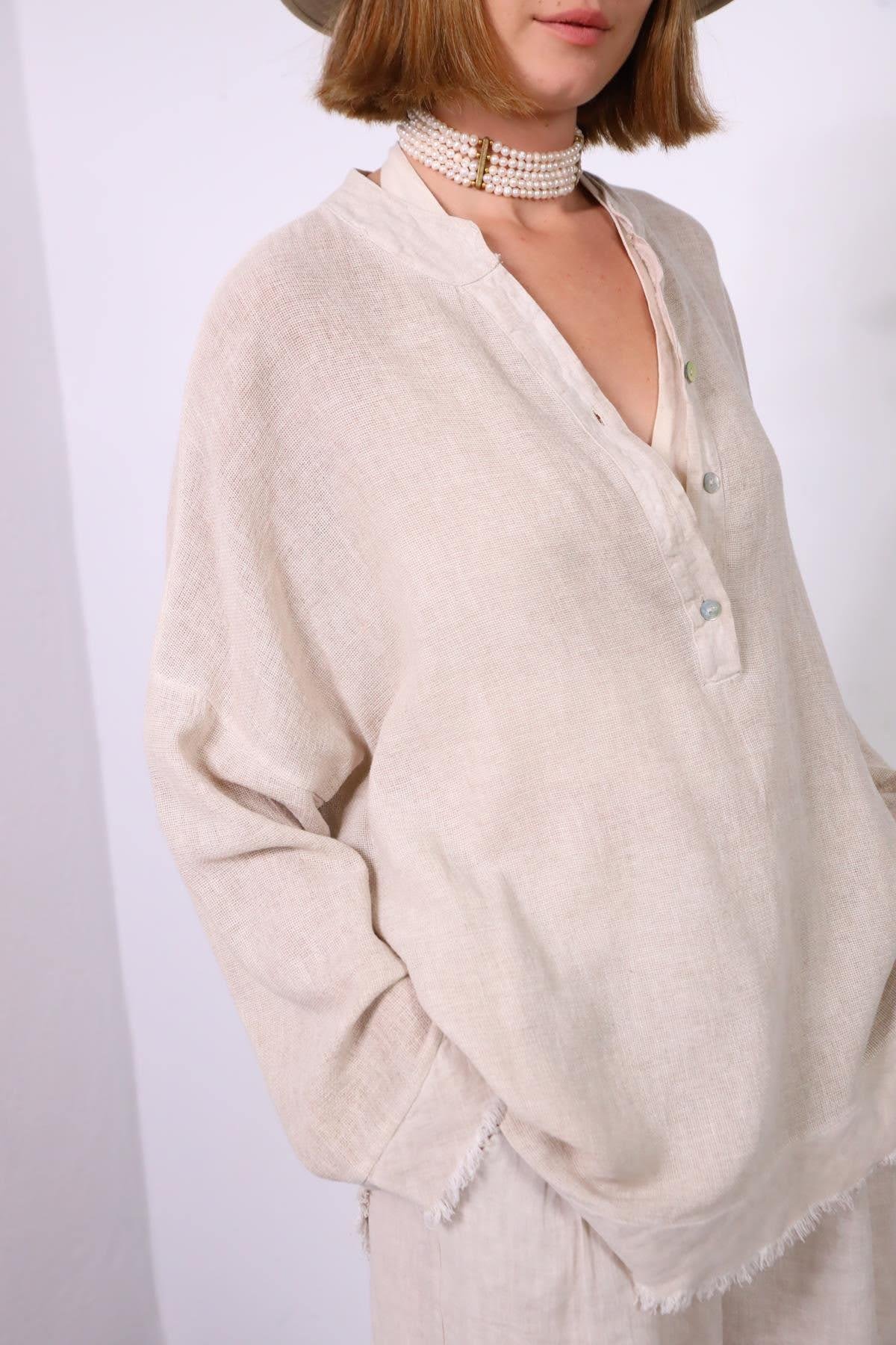  Krem Rengi Püsküllü Keten Detaylı Hakim Yaka Tunik