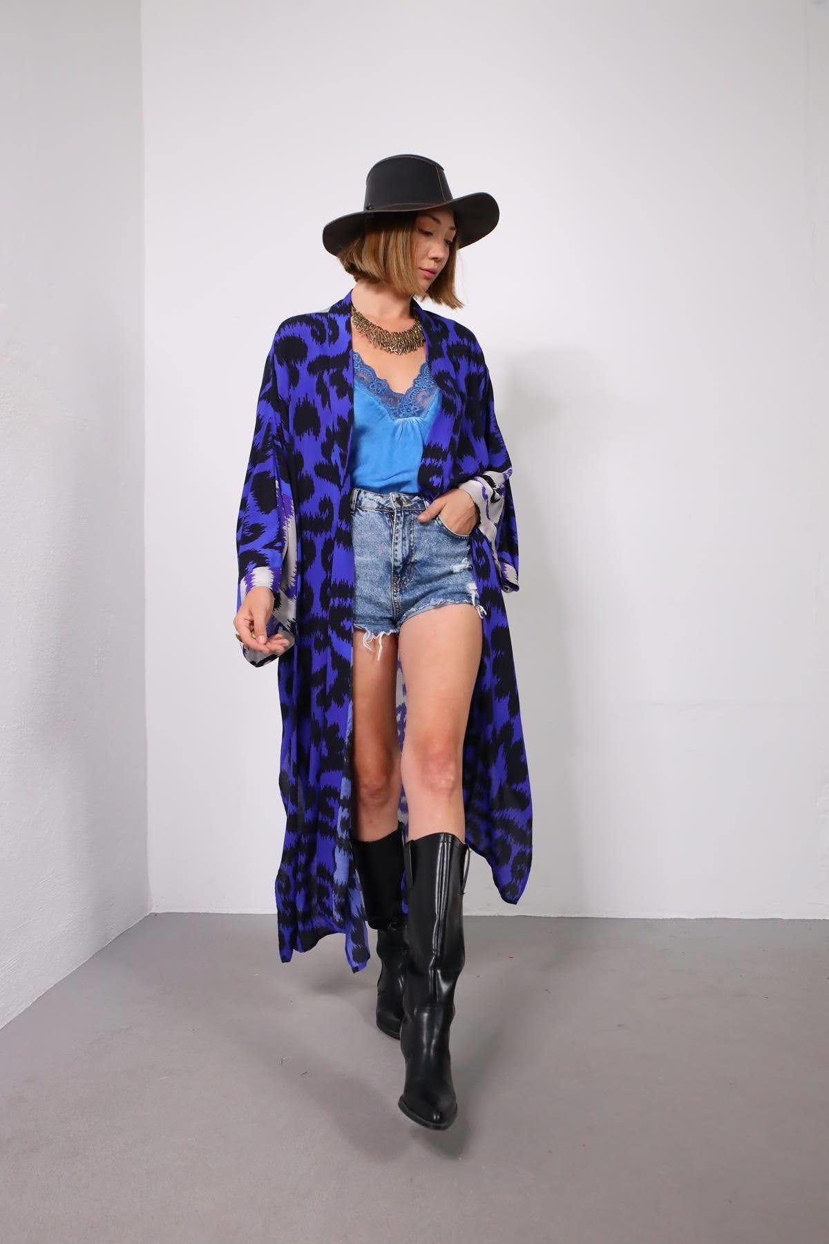  Lacivert İkat Desenli Kuşaklı Kimono