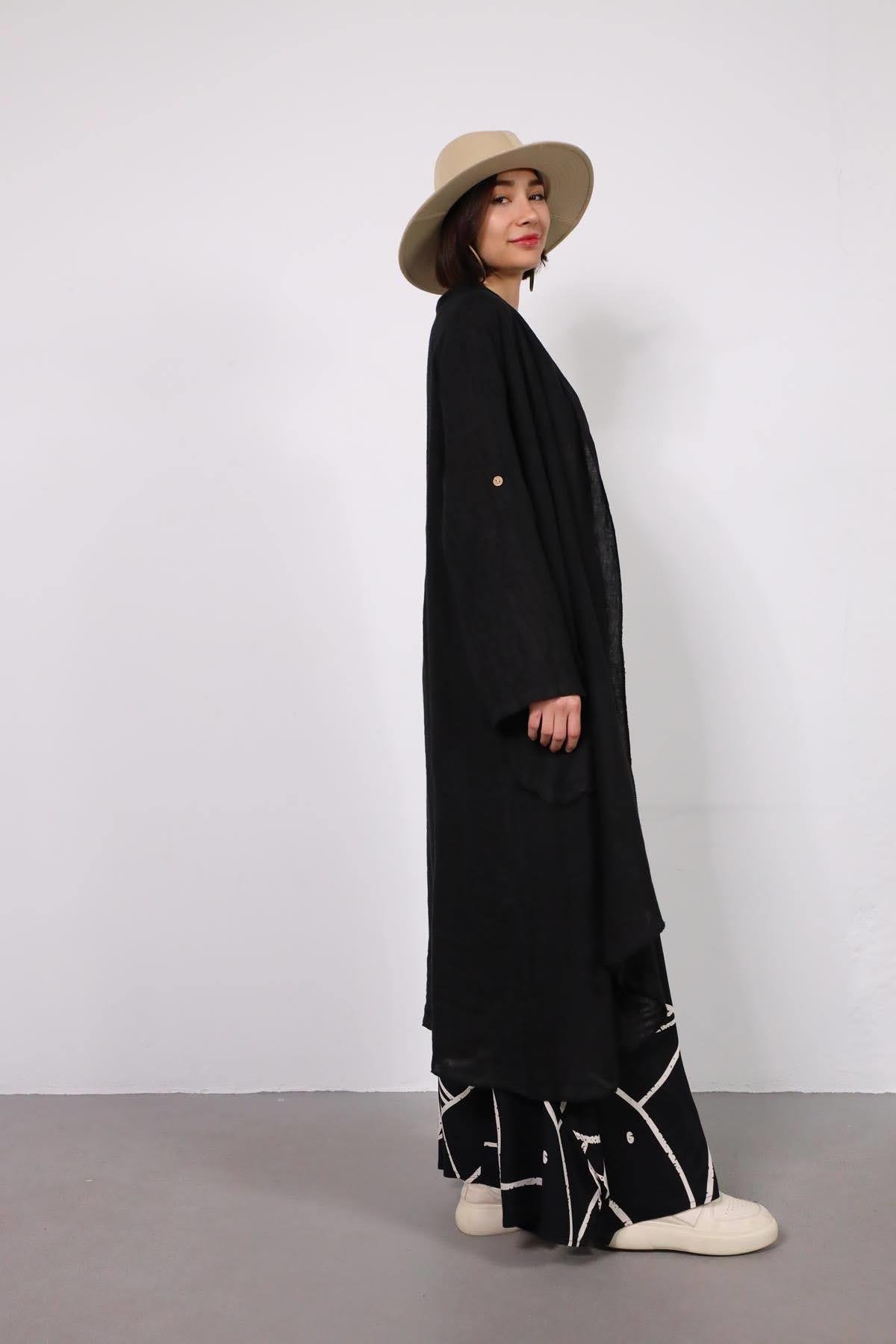 Siyah Cebi Düğmeli Keten Kaftan - Şaman Butik - Bohem Giyim ve Aksesuar | Kadın & Erkek Siyah Cebi Düğmeli Keten Kaftan
