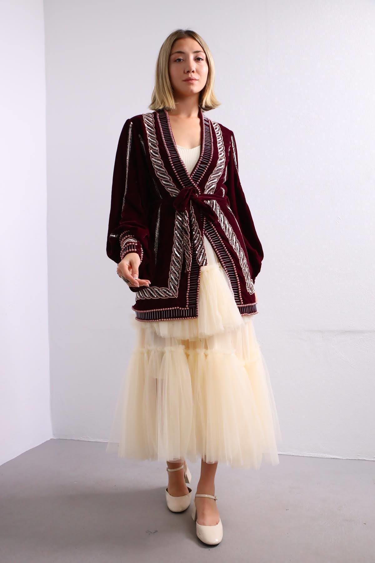  Krem Rengi Kat Kat Tül Etek