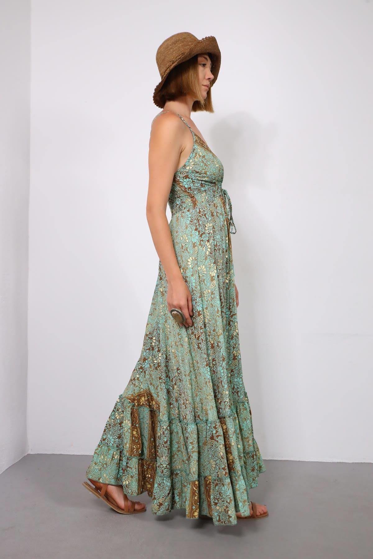 Mint Yeşili Gold Detaylı Sırtı Gipeli İp Askılı İpek Elbise - Şaman Butik Mint Yeşili Gold Detaylı Sırtı Gipeli İp Askılı İpek Elbise
