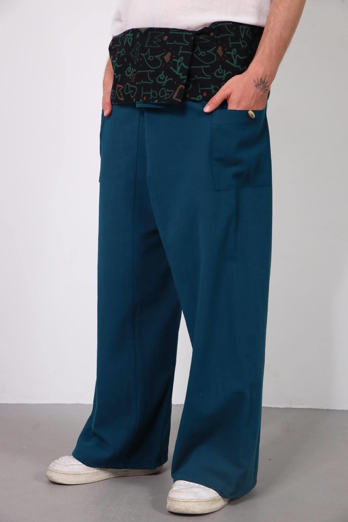  Petrol Mavisi Beli Desenli Balıkçı Pantolon