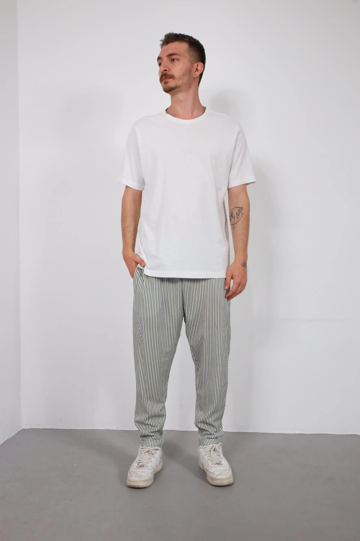  Haki Çizgili Dar Paça Erkek Pantolon