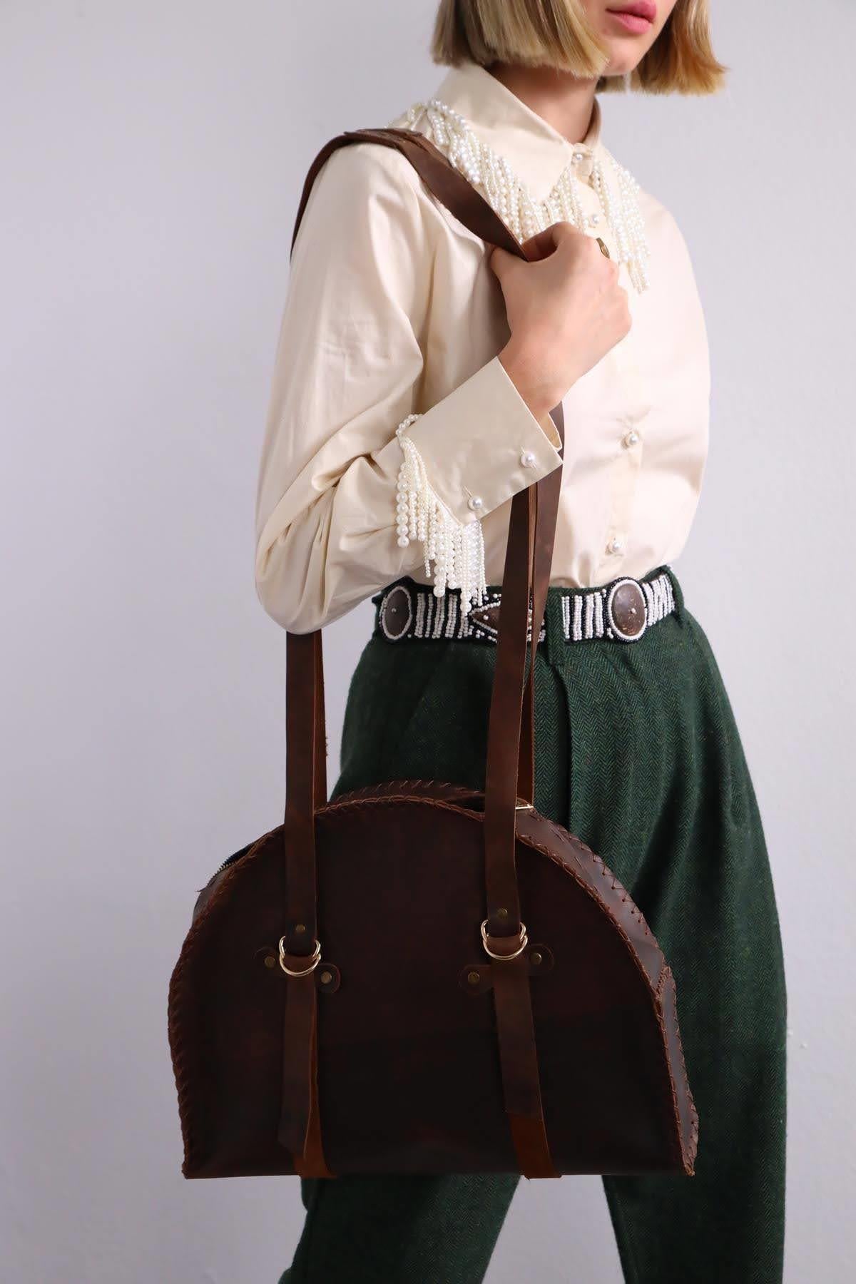  Dark Brown Stitched Leather Bag