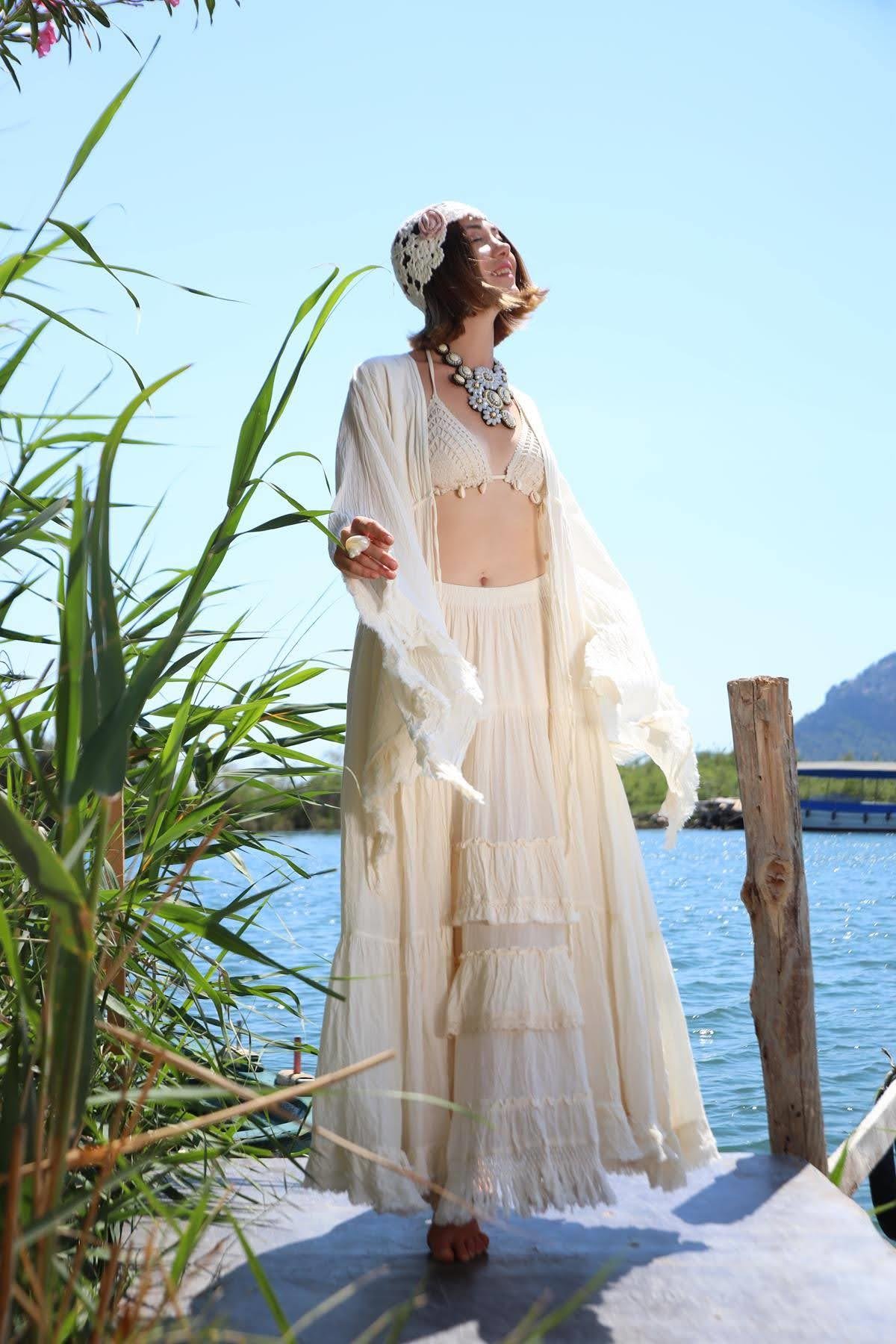 Ekru Beli Büzgülü Yarasa Kol Farbalalı Kimono - Şaman Butik - Bohem Giyim ve Aksesuar | Kadın & Erkek Ekru Beli Büzgülü Yarasa Kol Farbalalı Kimono