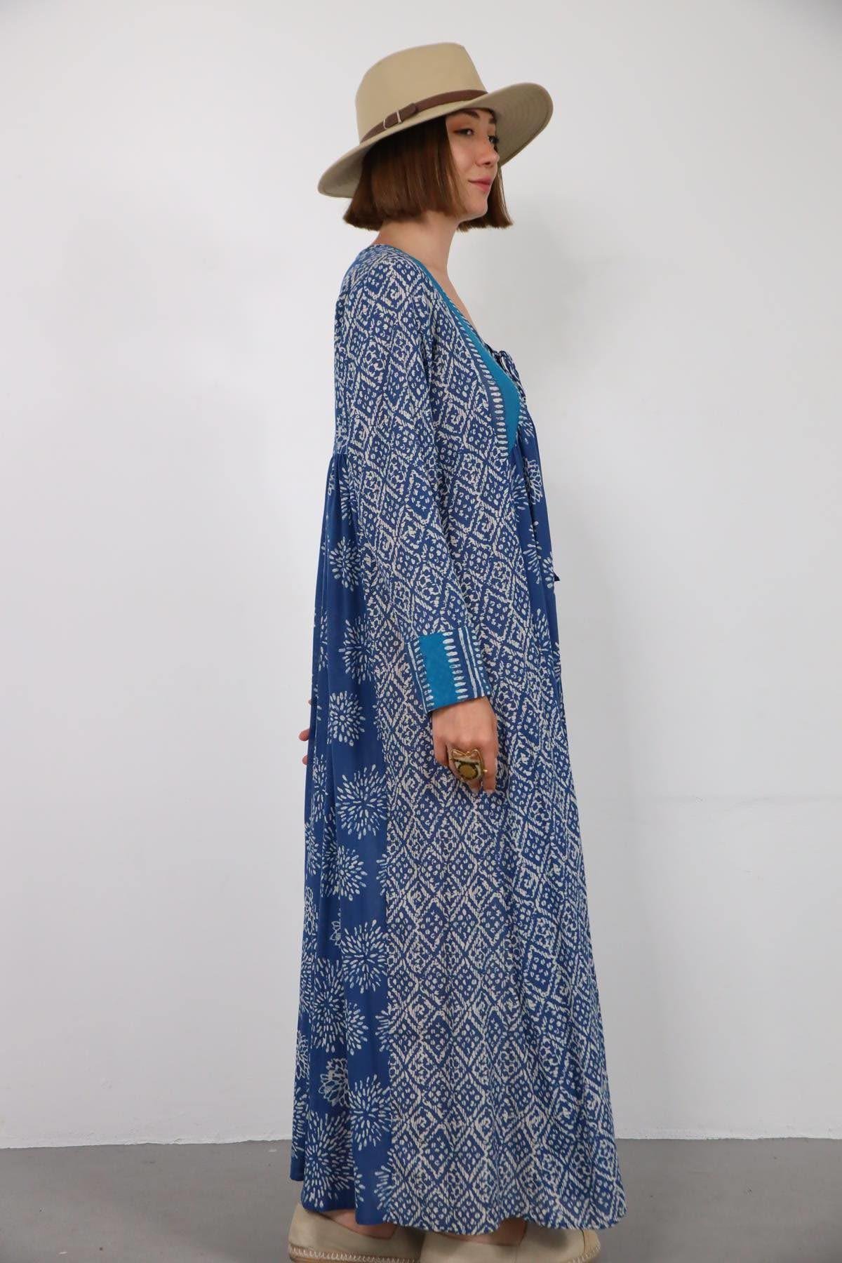 Lacivert Tribal Desen Yakası Bağcıklı Elbise - Şaman Butik Lacivert Tribal Desen Yakası Bağcıklı Elbise