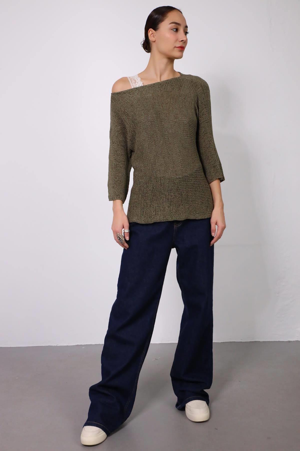 Khaki Boat Neck Elbow Sleeve Mercerized Blouse - Saman Butik Khaki Boat Neck Elbow Sleeve Mercerized Blouse