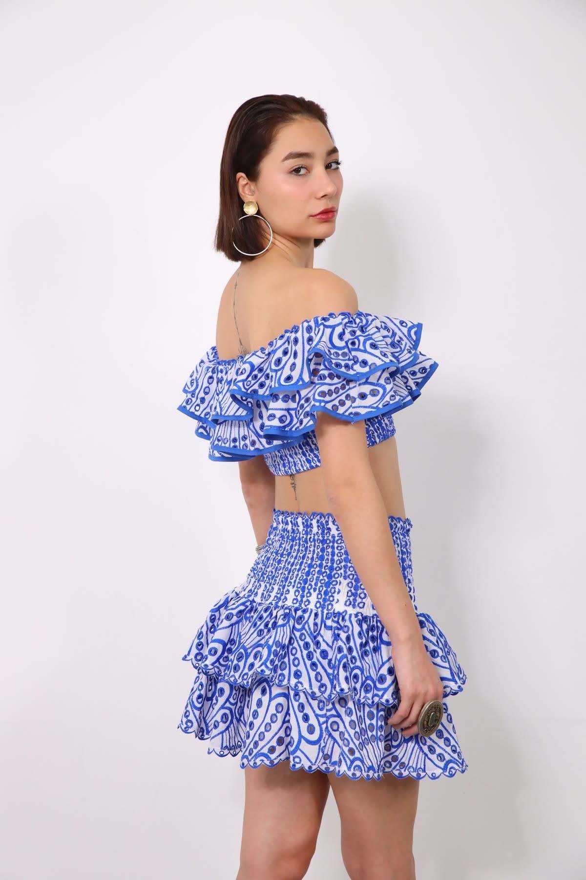  Saks Mavisi Madonna Yaka Bluz ve Etek Gipeli Fisto Takım