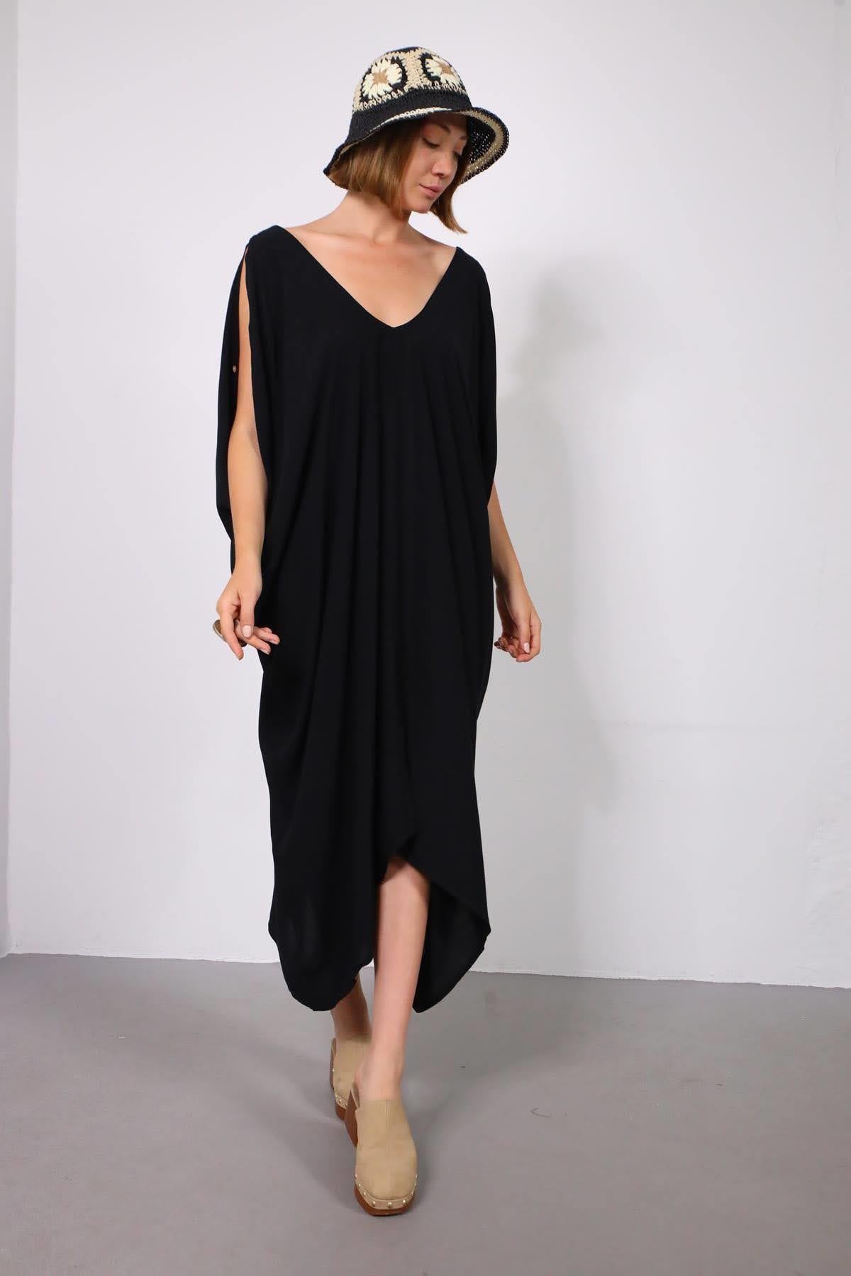 Black Front & Back V Neck Asiye Dress - Şaman Butik | Boho Fashion Black Front & Back V Neck Asiye Dress