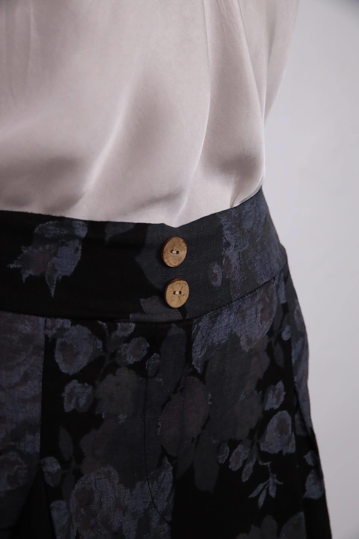  Siyah Çiçek Desenli Beli Lastikli Keten Pantolon