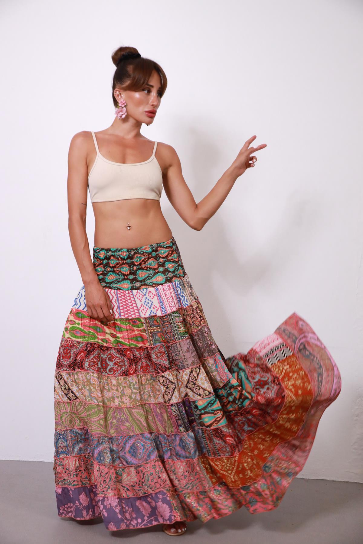 Renkli Beli Lastikli Otantik Desenli Patchwork Etek - Şaman Butik Renkli Beli Lastikli Otantik Desenli Patchwork Etek