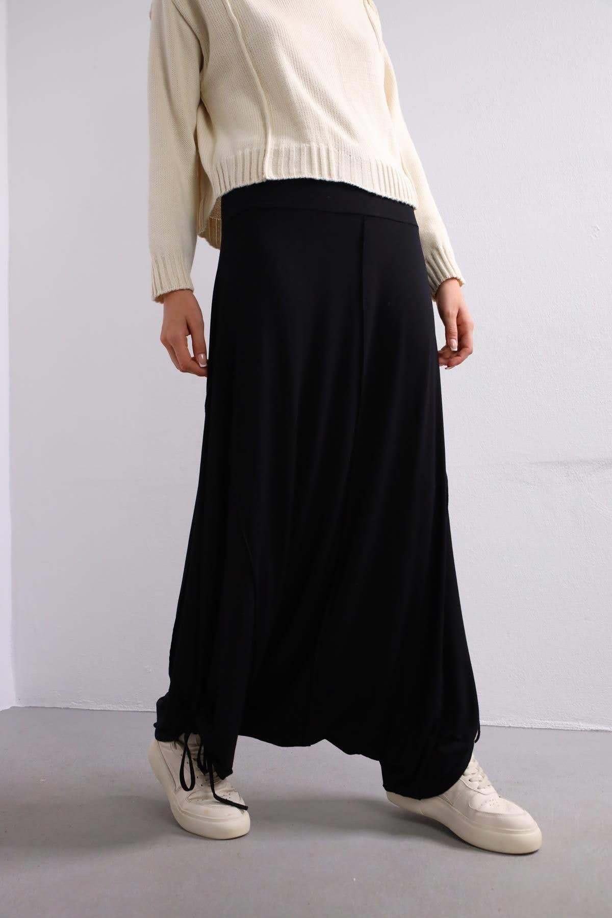 Navy Blue Floral Stitched Waist Shirt Dress - Şaman Butik Black Tied Cuff Stitch Detailed Harem Pants