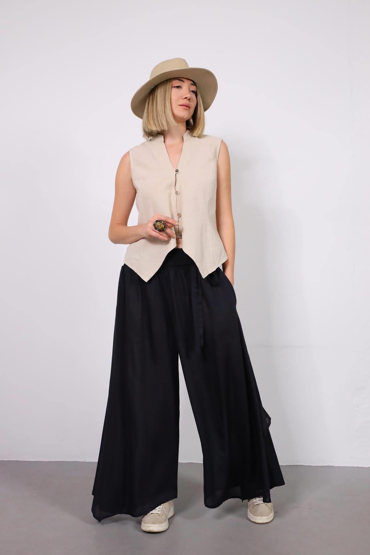 Siyah Beli İpli Yırtmaçlı Yarasa Pantolon - Şaman Butik Siyah Beli İpli Yırtmaçlı Yarasa Pantolon