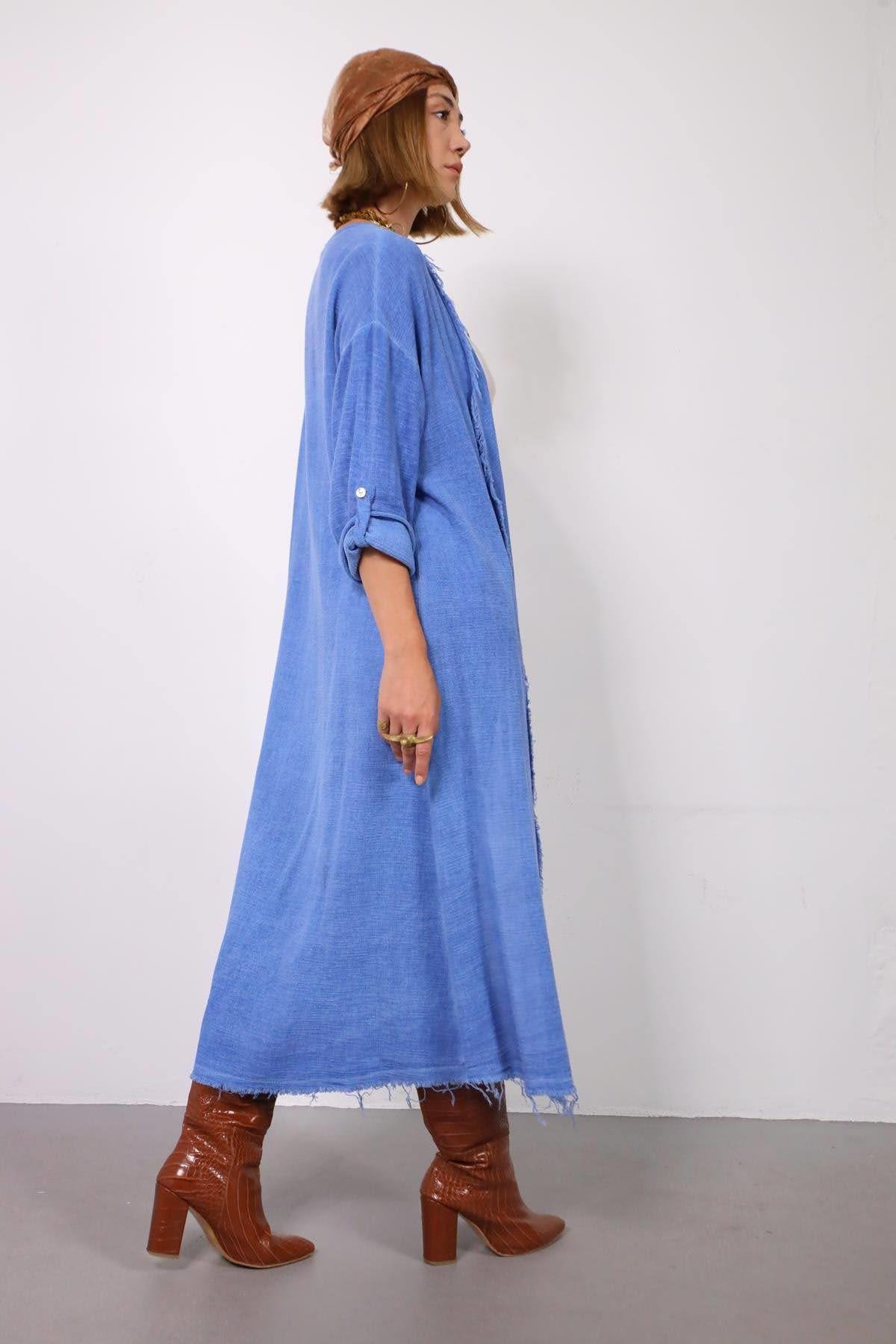  Mavi Saçak Detay Düz Kesim Kaftan