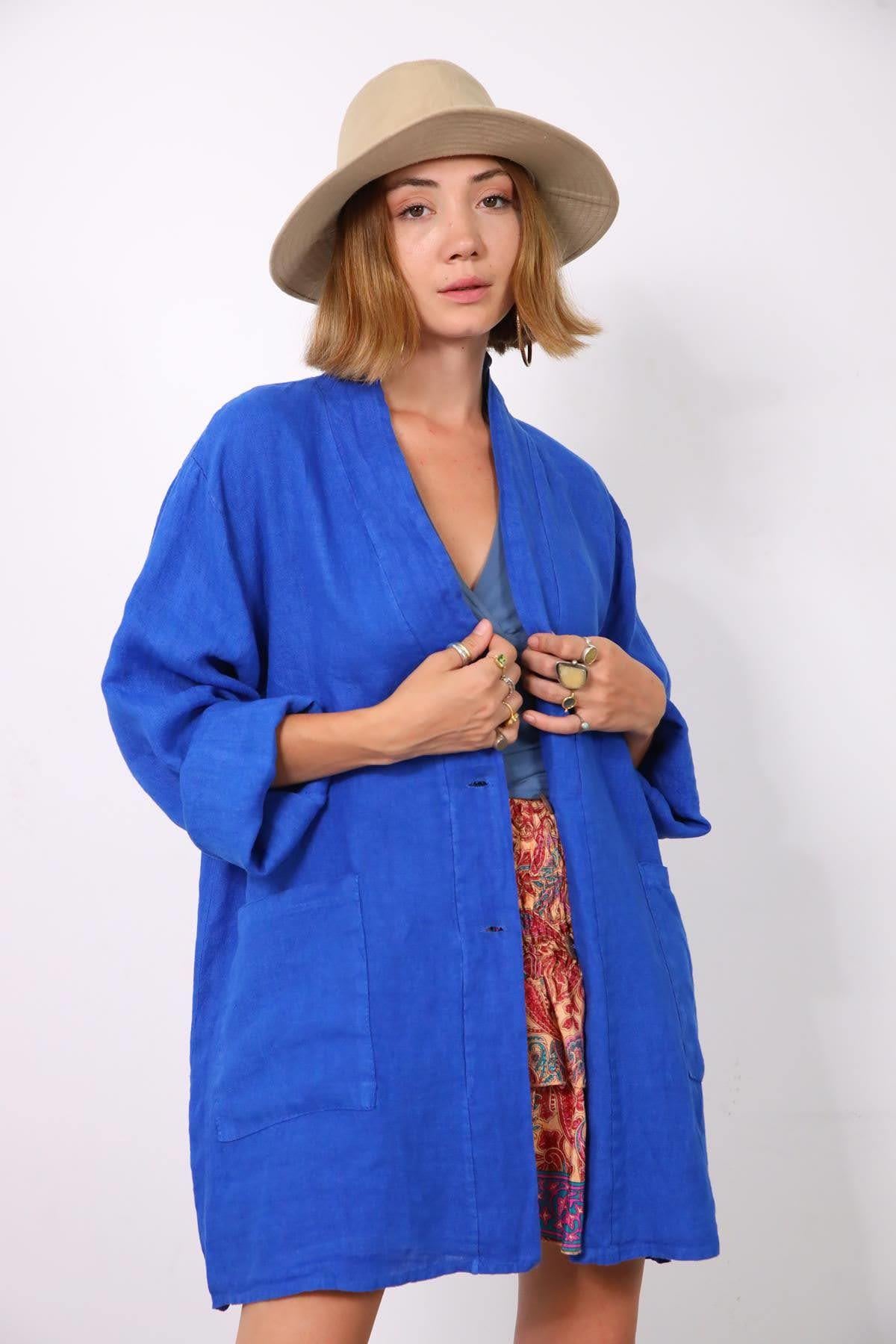 Saks Mavisi Çift Cepli Keten Ceket - Şaman Butik Saks Mavisi Çift Cepli Keten Ceket