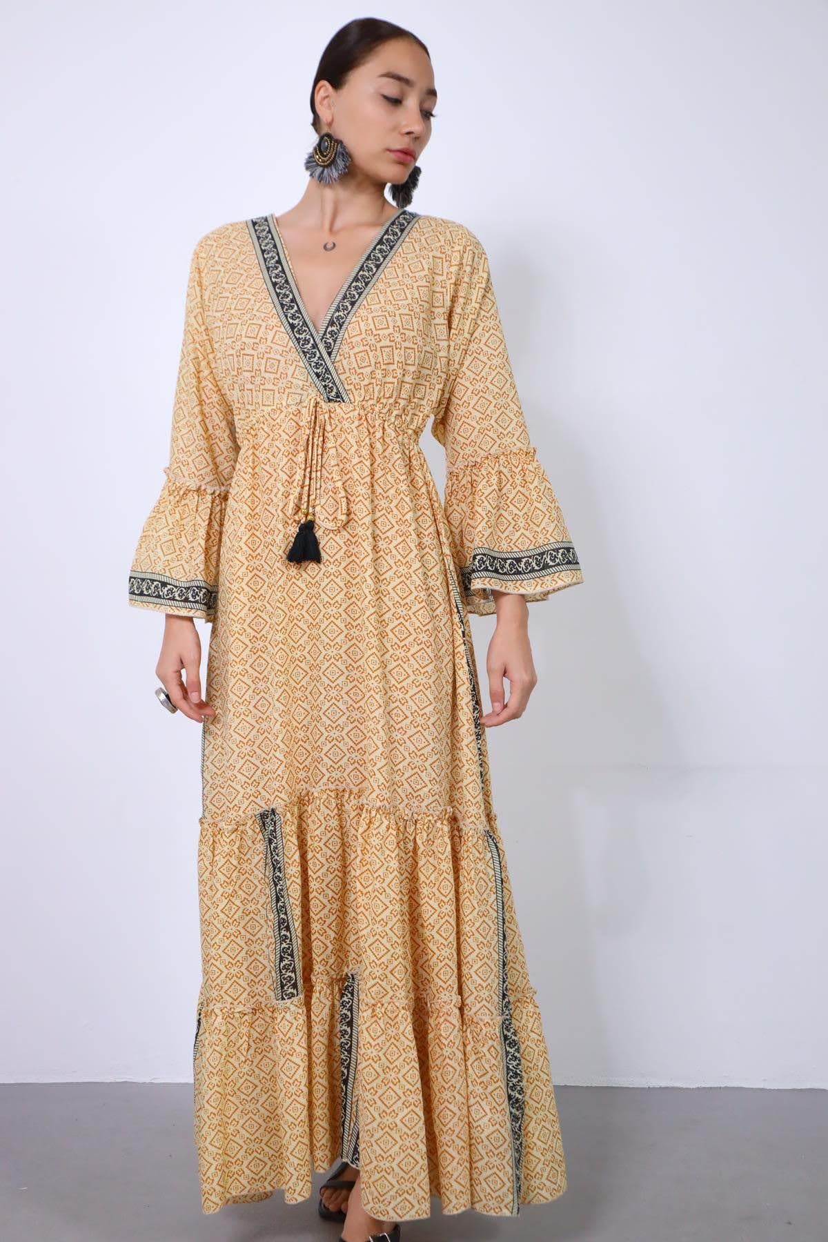 Hardal Rengi Kruvaze Yaka İspanyol Kol Elbise - Şaman Butik Hardal Rengi Kruvaze Yaka İspanyol Kol Elbise