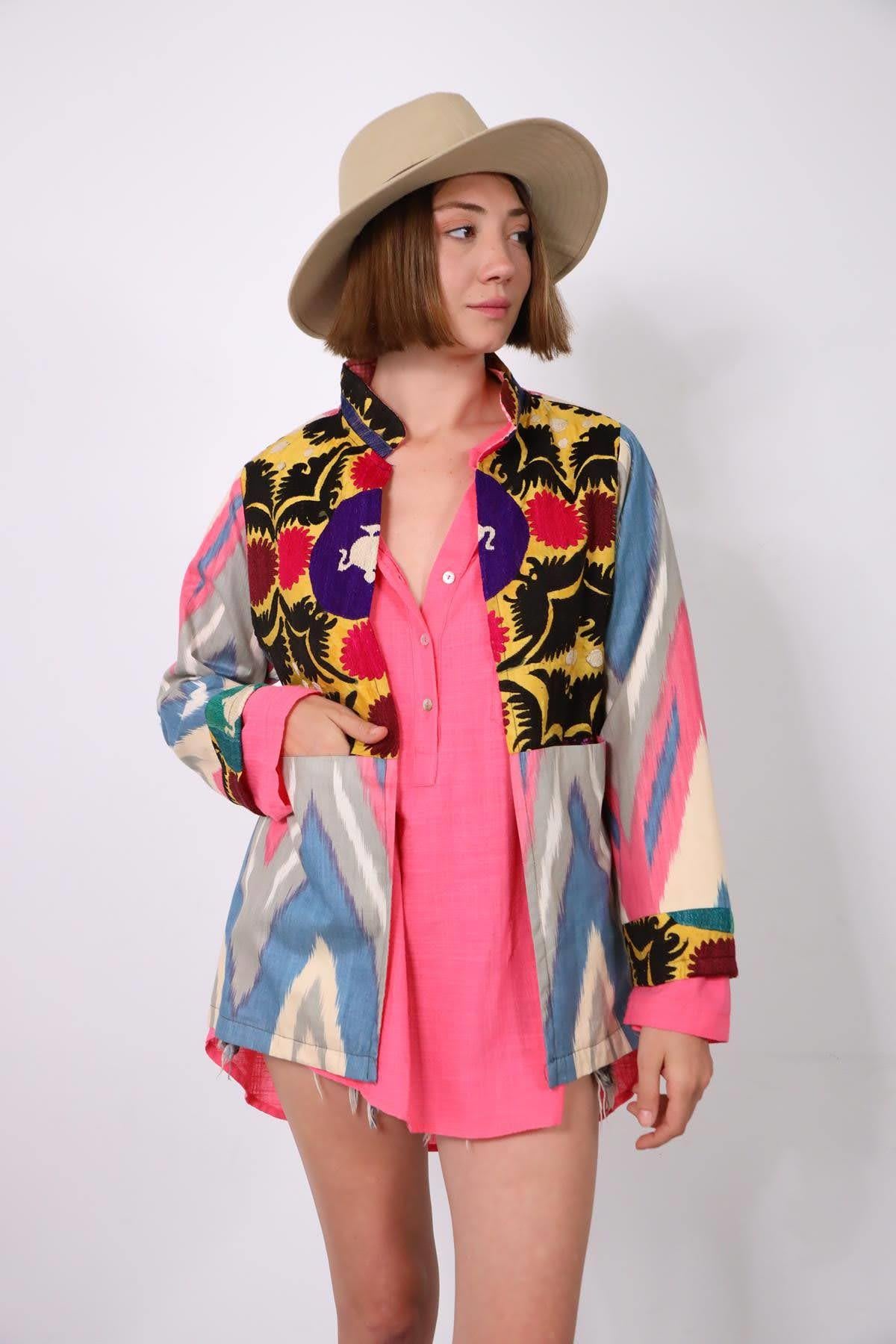  Renkli Suzani Kısa Kaftan