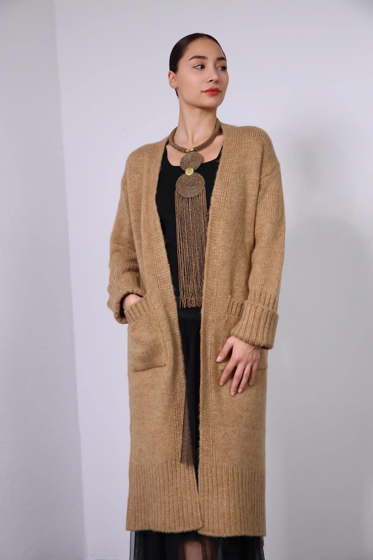 Camel Long Cardigan with Pockets - Saman Butik | Shop Online Camel Long Cardigan with Pockets