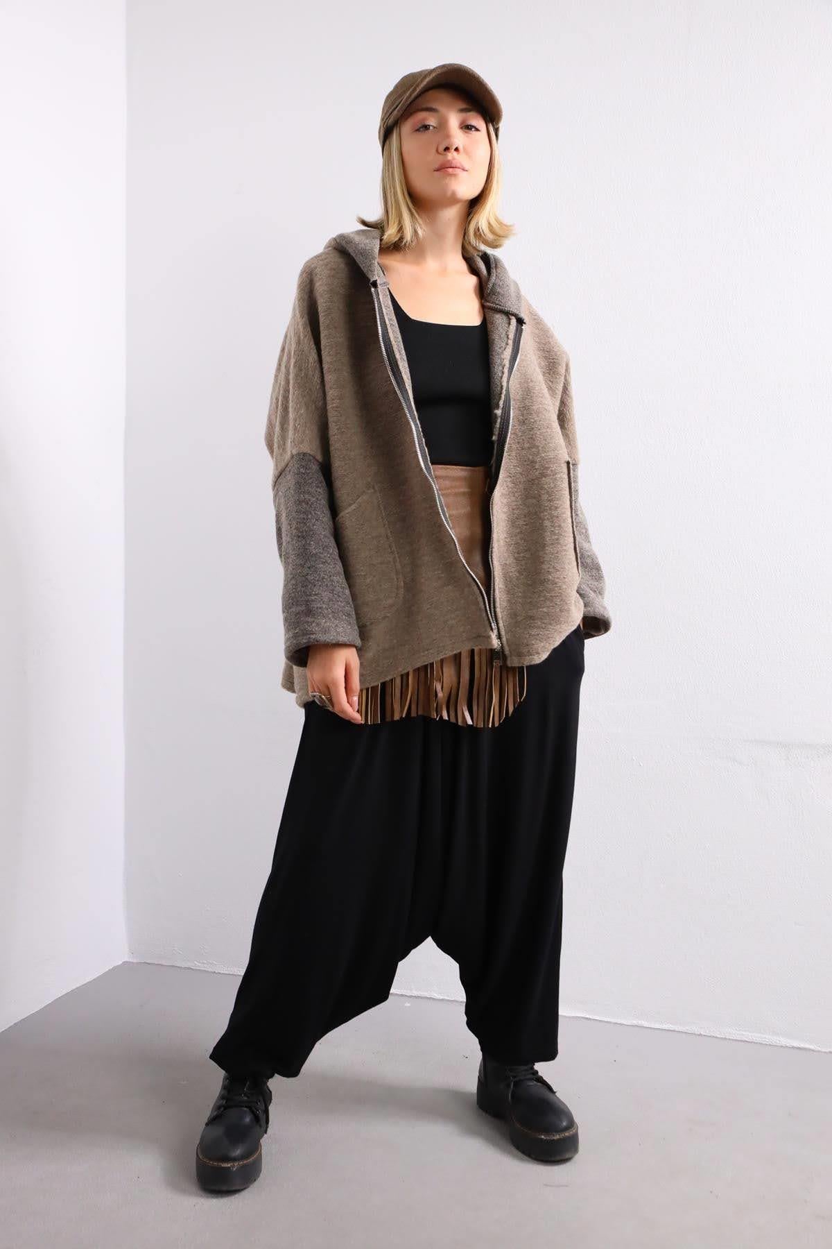 Mink Front Zipper Felt Coat with Pockets Mink Front Zipper Felt Coat with Pockets