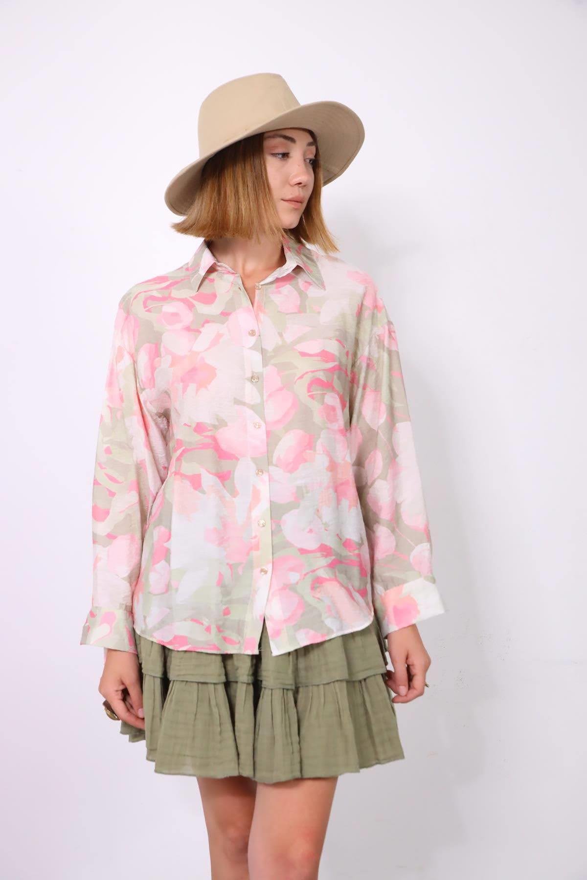  Pudra Pembe Desenli Sırtı Pileli Gömlek