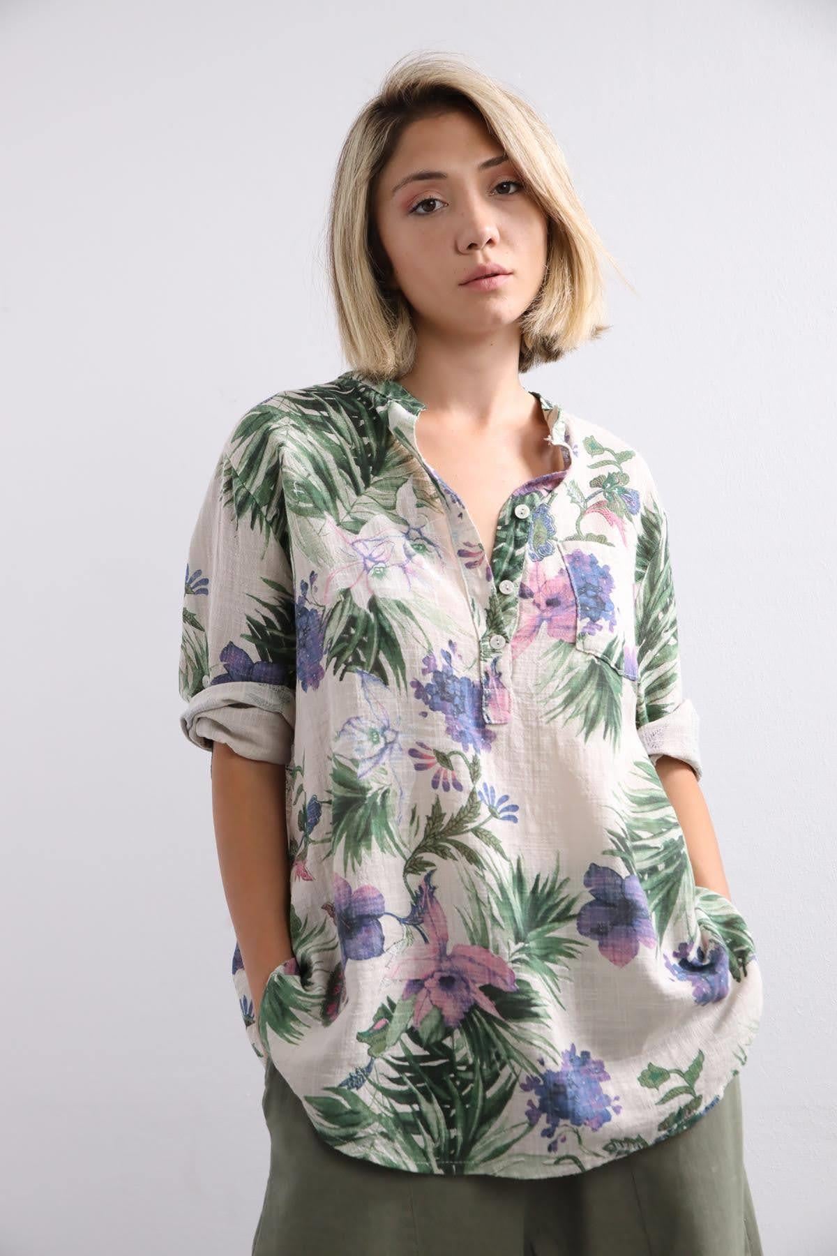 Krem Rengi Lilyum Desenli Gömlek - Şaman Butik Krem Rengi Lilyum Desenli Gömlek