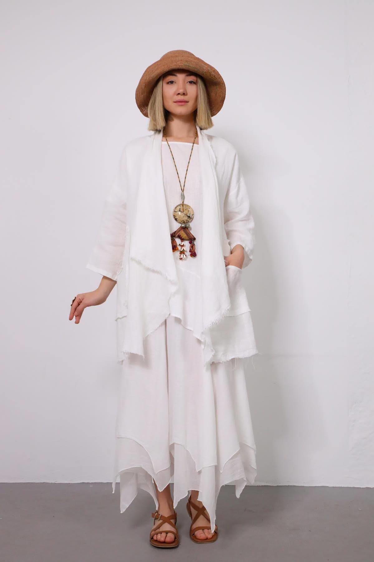 Beyaz Dikiş Detay Saçaklı Keten Kaftan - Şaman Butik - Bohem Giyim ve Aksesuar | Kadın & Erkek Beyaz Dikiş Detay Saçaklı Keten Kaftan