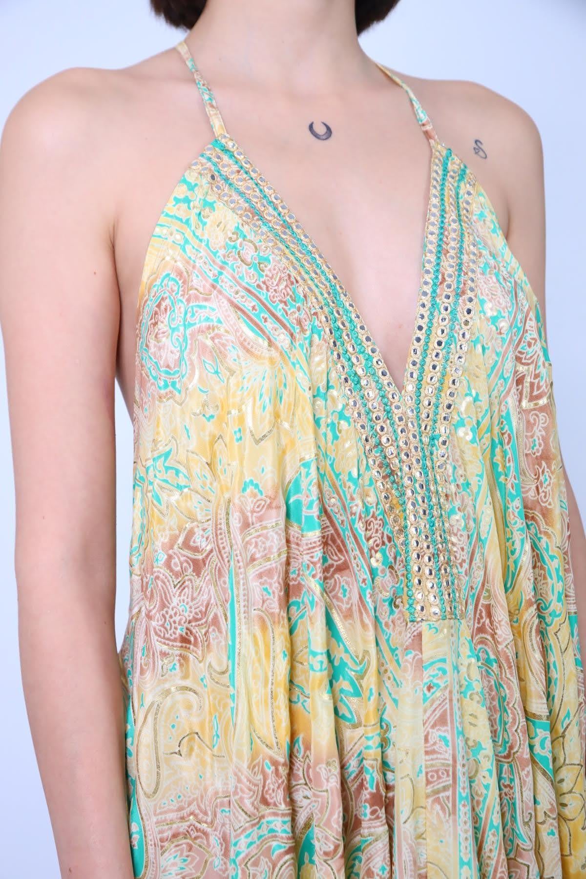  Sarı Otantik İşlemeli Ayna Detaylı Askılı İpek Elbise