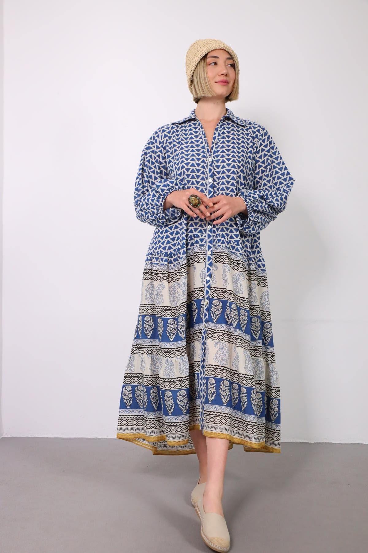 Mavi Otantik Desenli Kolları Lastikli Gömlek Elbise - Şaman Butik Mavi Otantik Desenli Kolları Lastikli Gömlek Elbise