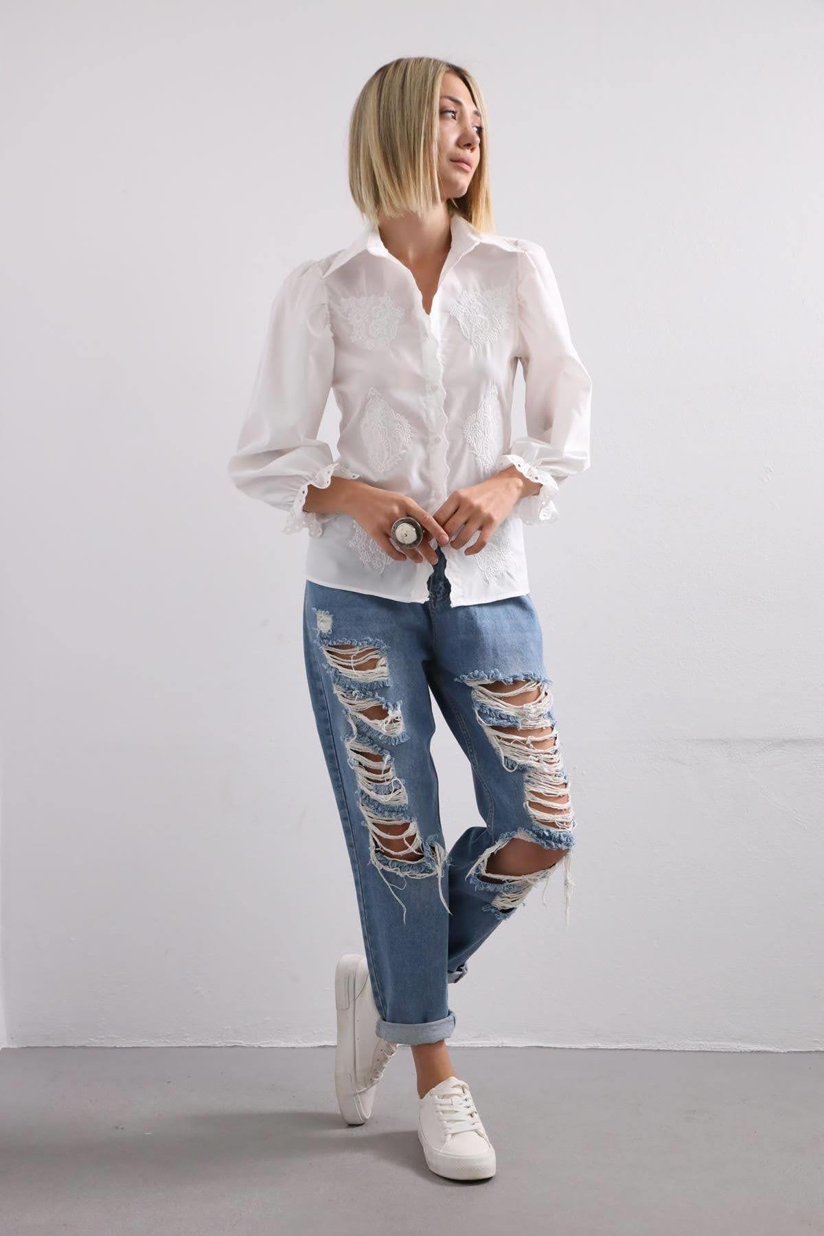 Navy Blue Floral Stitched Waist Shirt Dress - Şaman Butik White Guipure Detail Vintage Shirt