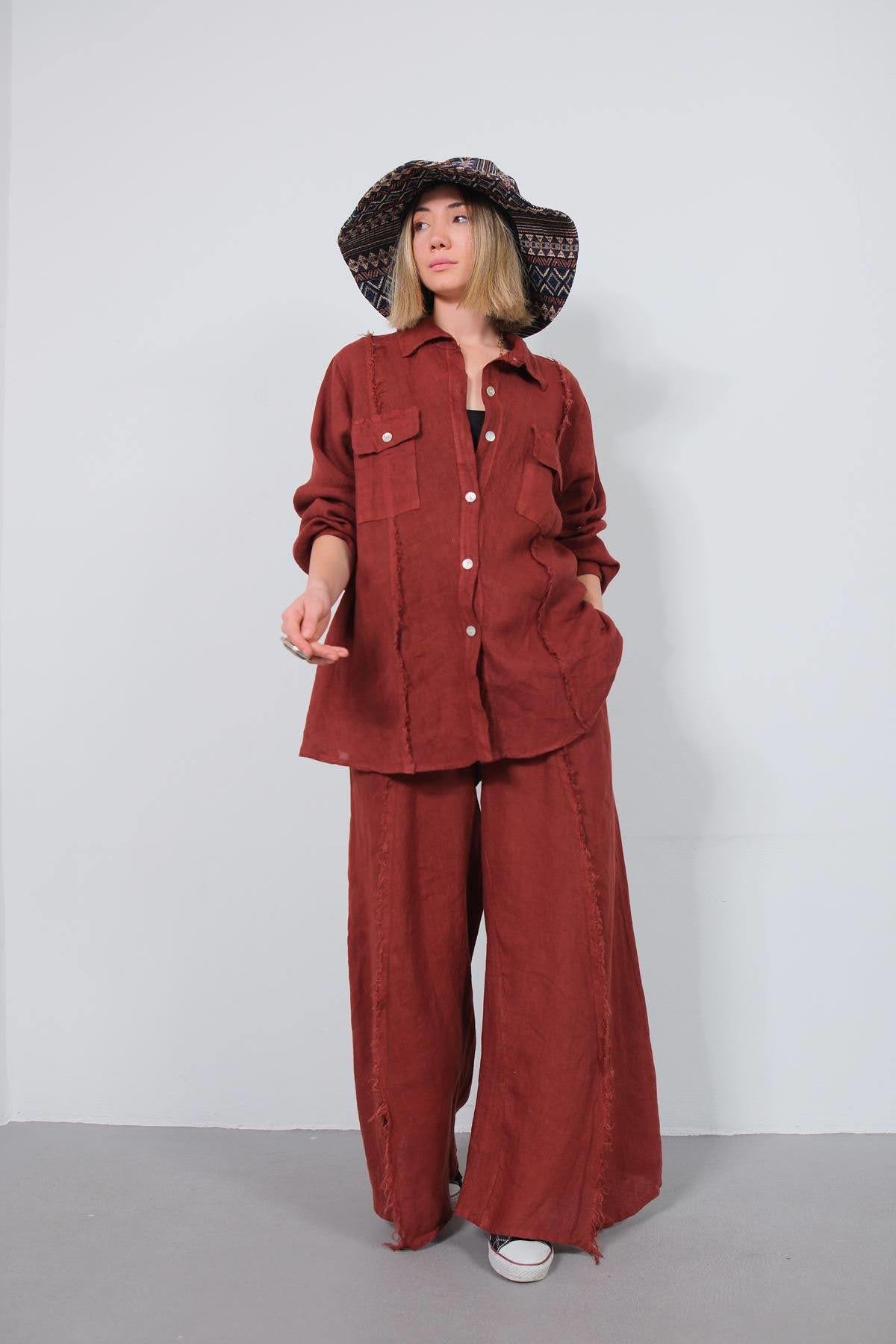 Bordo Yırtmaç Detaylı Saçaklı Keten Takım - Şaman Butik Bordo Yırtmaç Detaylı Saçaklı Keten Takım