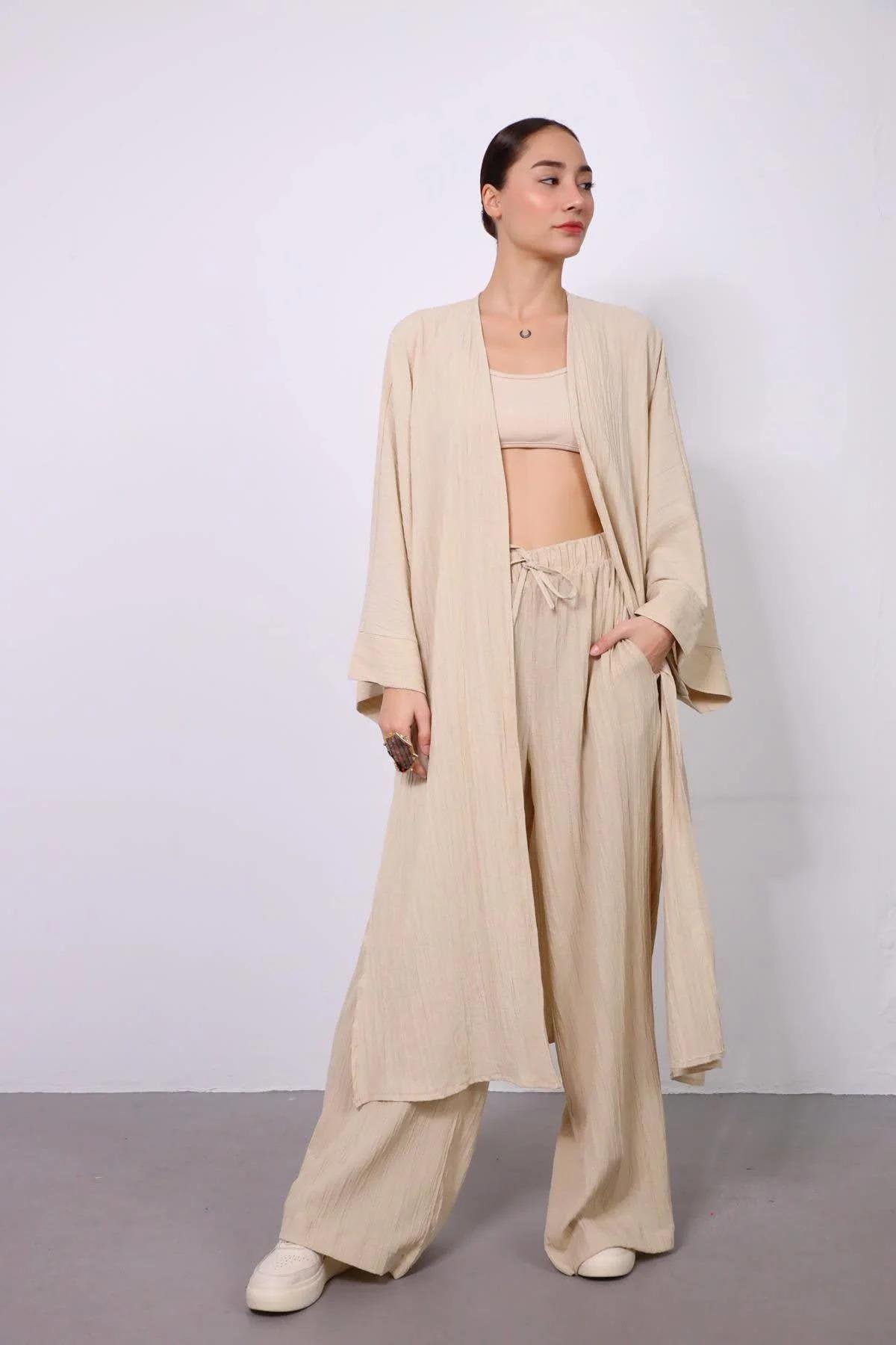 Cream Seersucker Long Kimono Pair - Saman Butik | Shop Online Cream Seersucker Long Kimono Pair