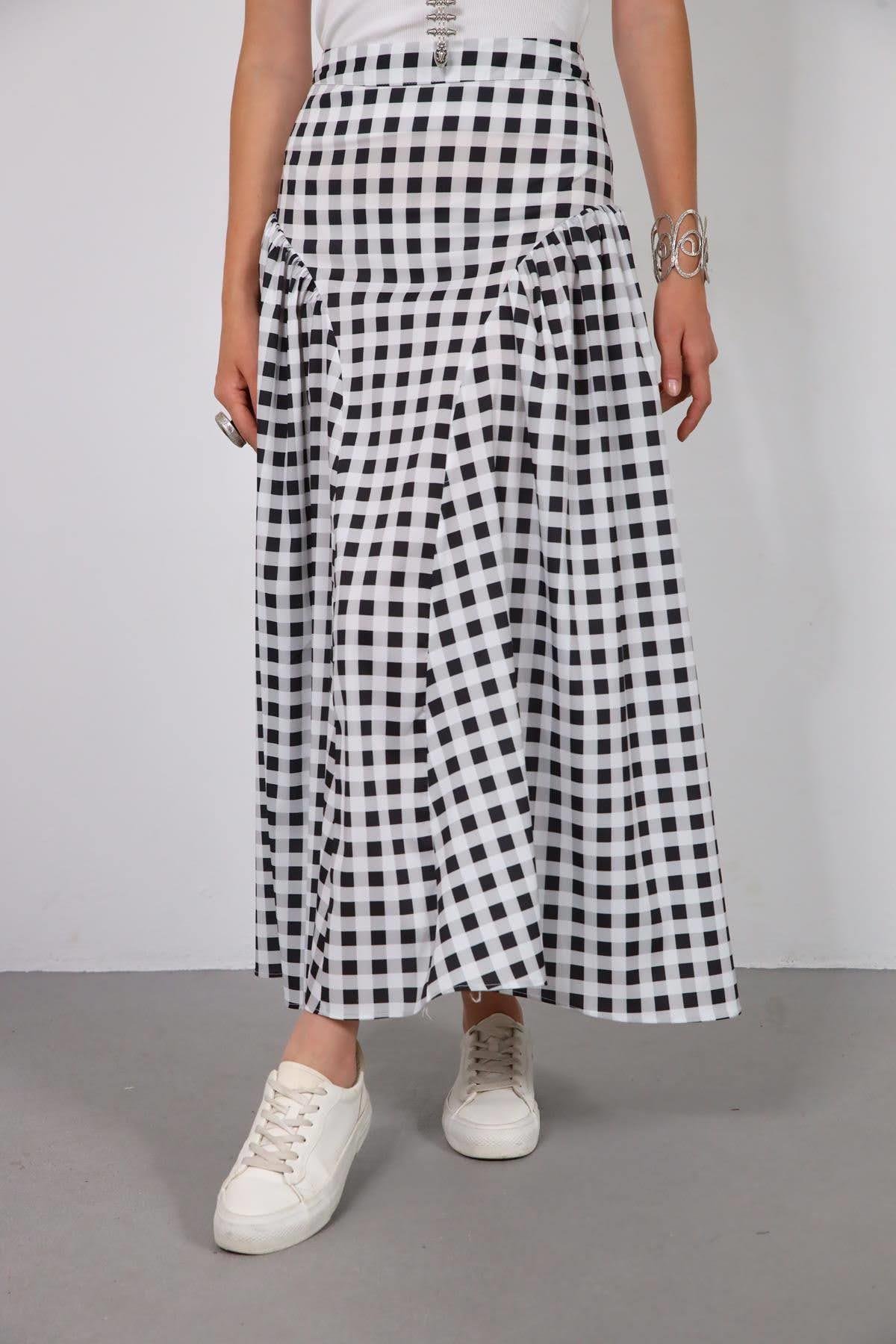  Siyah Büzgülü Ekose Etek