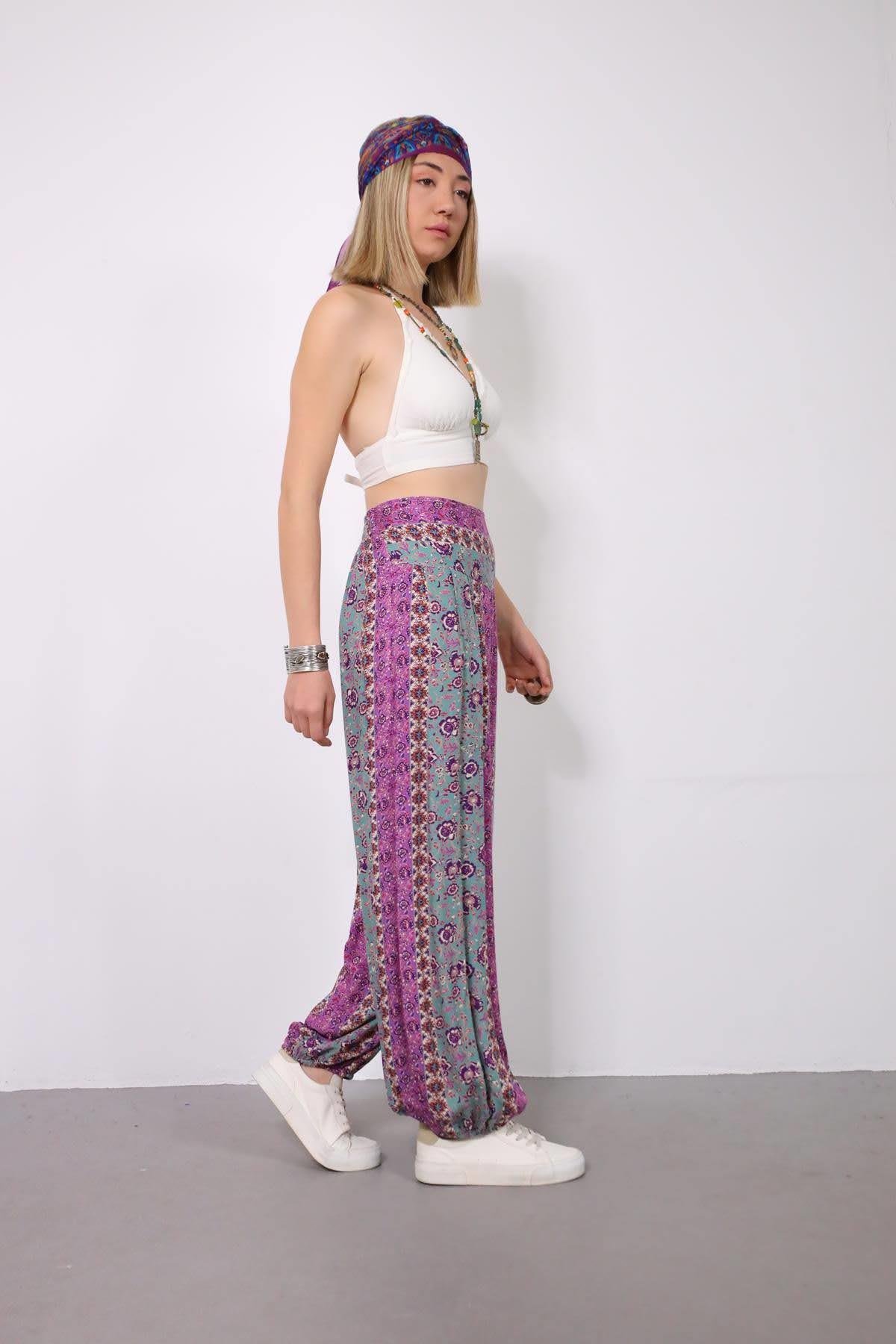 Purple Floral Patterned Elastic Waist Comfy Trousers - Saman Butik | Shop Online Purple Floral Patterned Elastic Waist Comfy Trousers