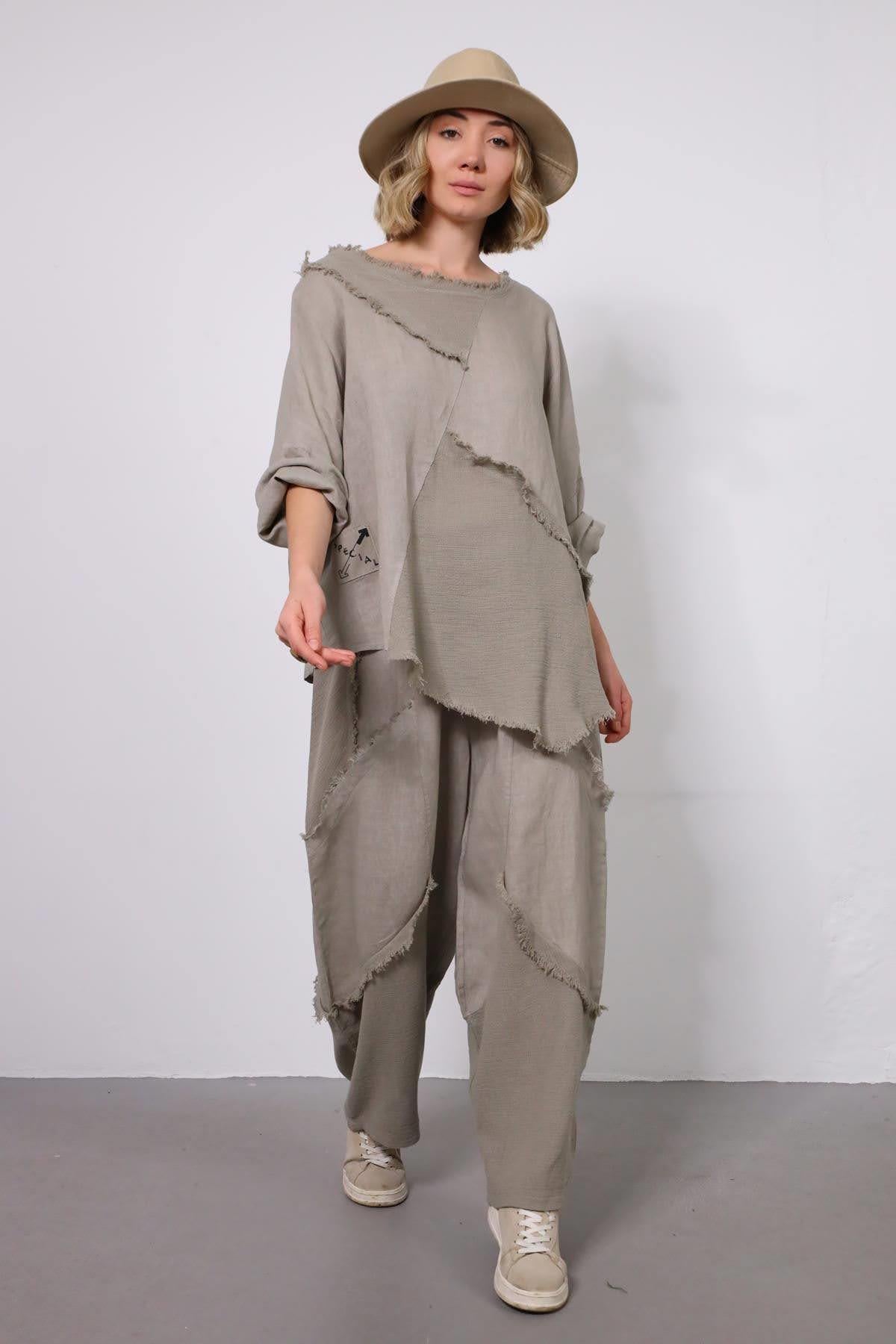 Vizon Rengi Asimetrik Kesim Saçaklı File Detaylı Keten Takım - Şaman Butik Vizon Rengi Asimetrik Kesim Saçaklı File Detaylı Keten Takım