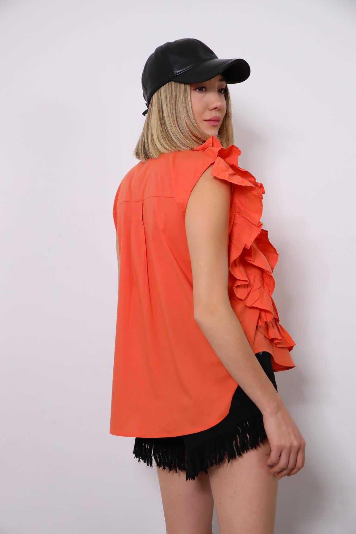 Orange Sleeveless Ruffle Shirt - Saman Butik | Shop Online Orange Sleeveless Ruffle Shirt