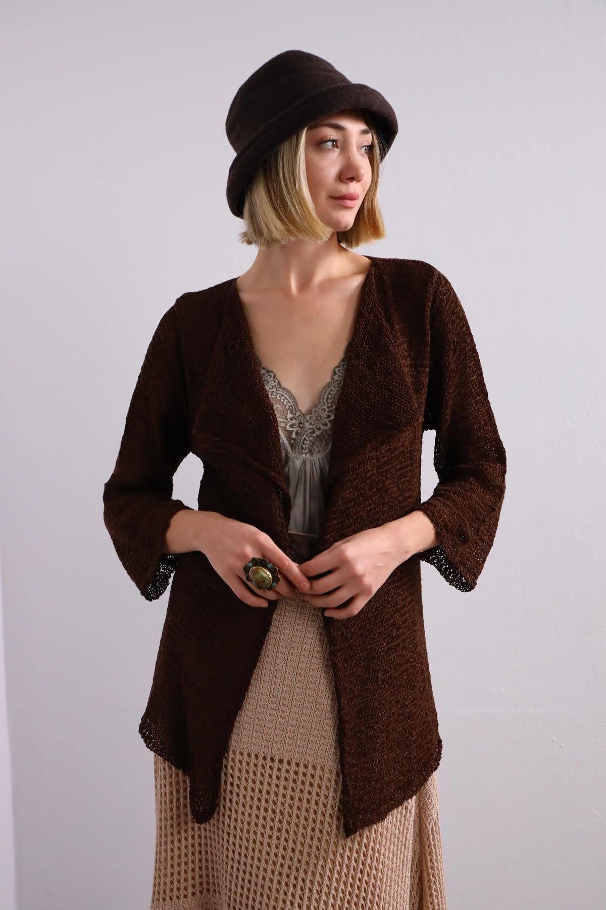  Kahverengi Kanca Detaylı Merserize Hırka