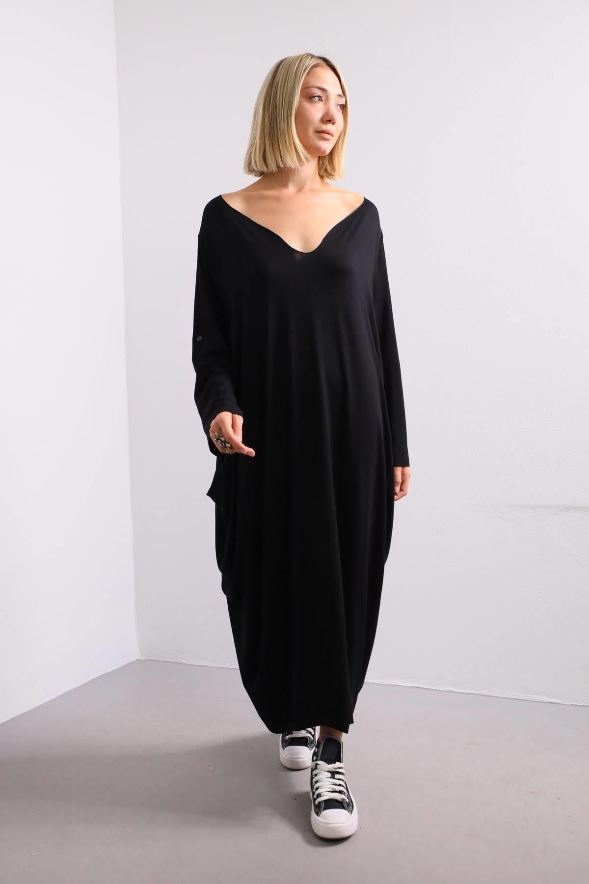 Siyah Asiye Cepli Elbise - Şaman Butik Siyah Asiye Cepli Elbise