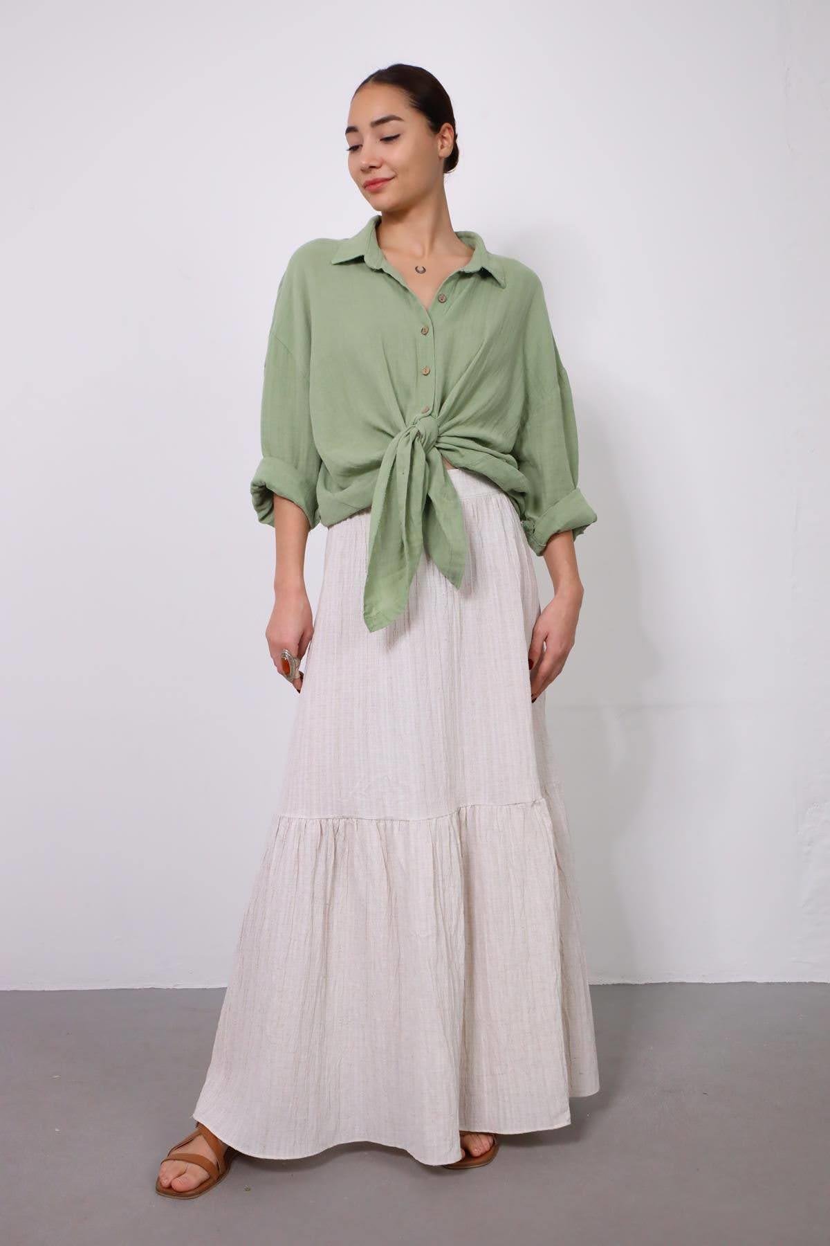  Krem Rengi Büzgülü Gofre Etek